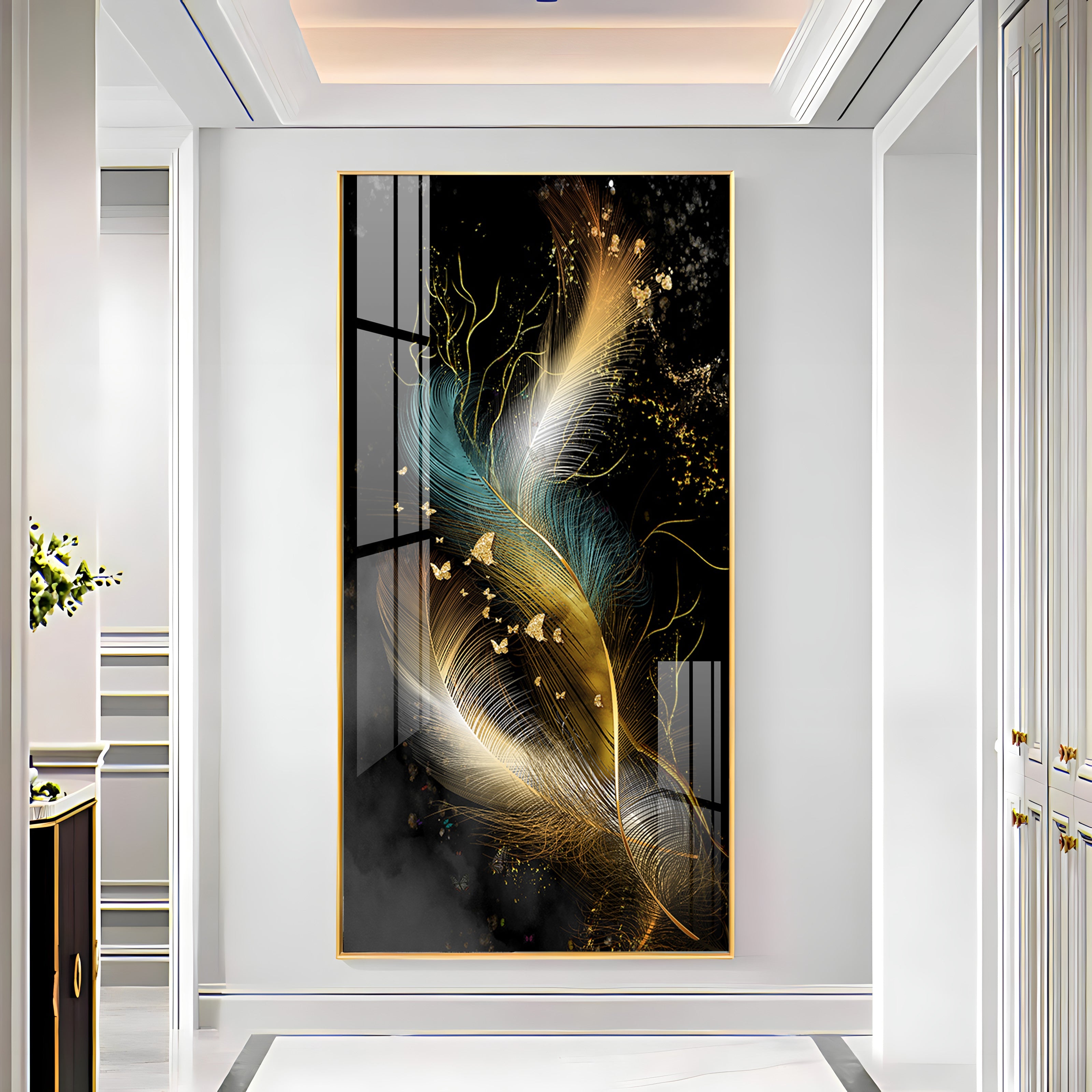 Abstract Golden & White Feathers Premium Acrylic Vertical Wall Art