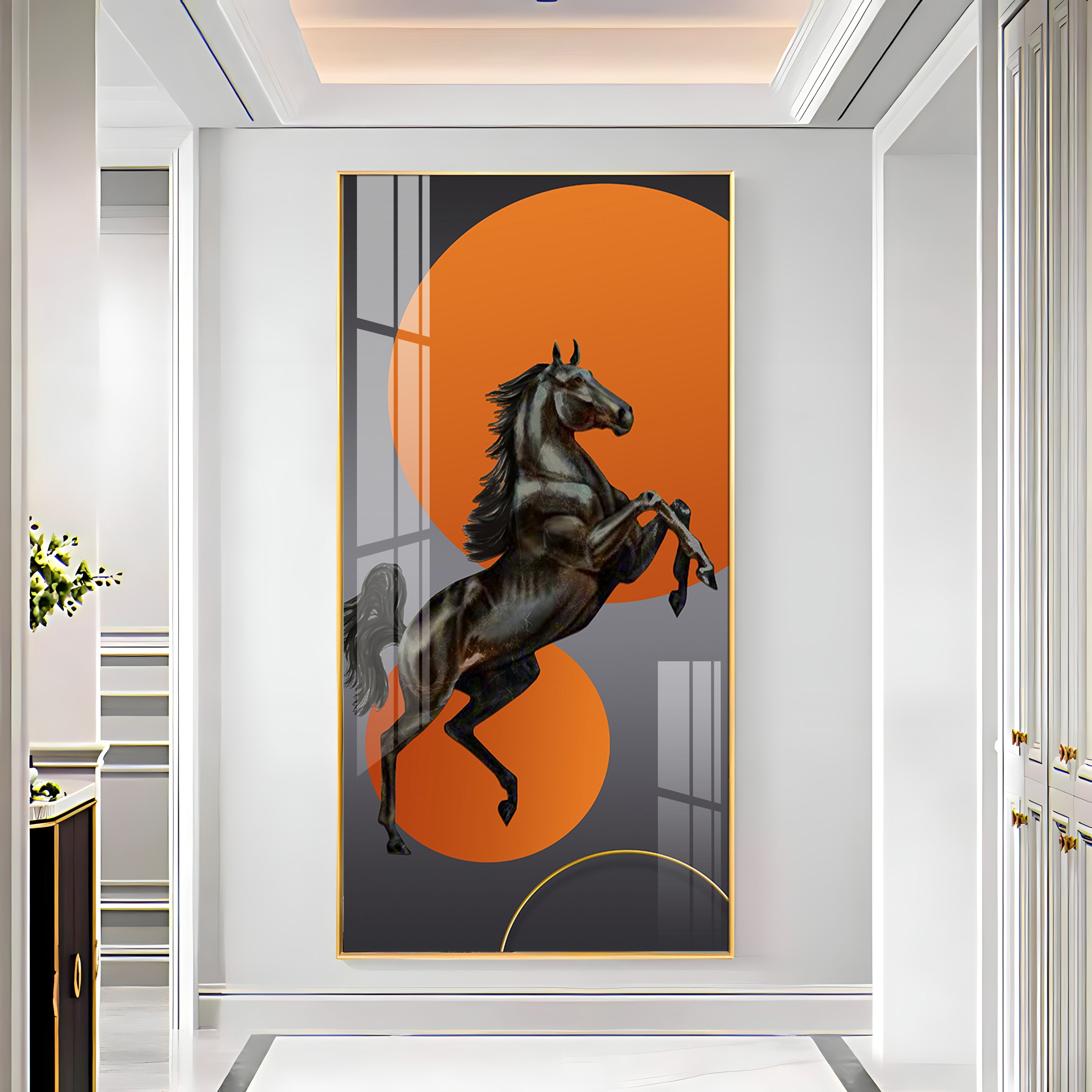 Black Horse With Vibrant Orange Background Premium Acrylic Vertical Wall Art