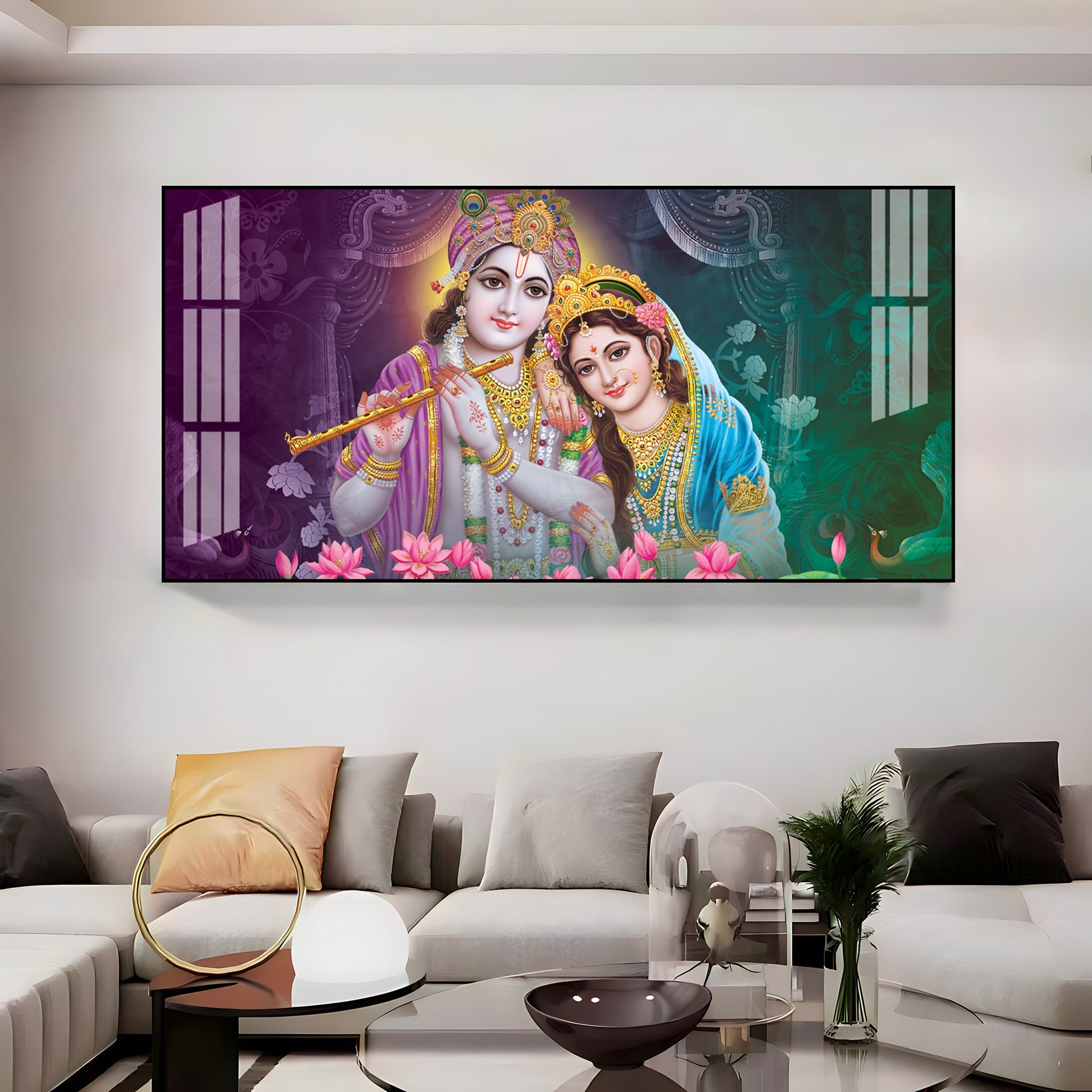 Colorful Radha Krishna Portrait Acrylic Wall Art For Elegant Interior