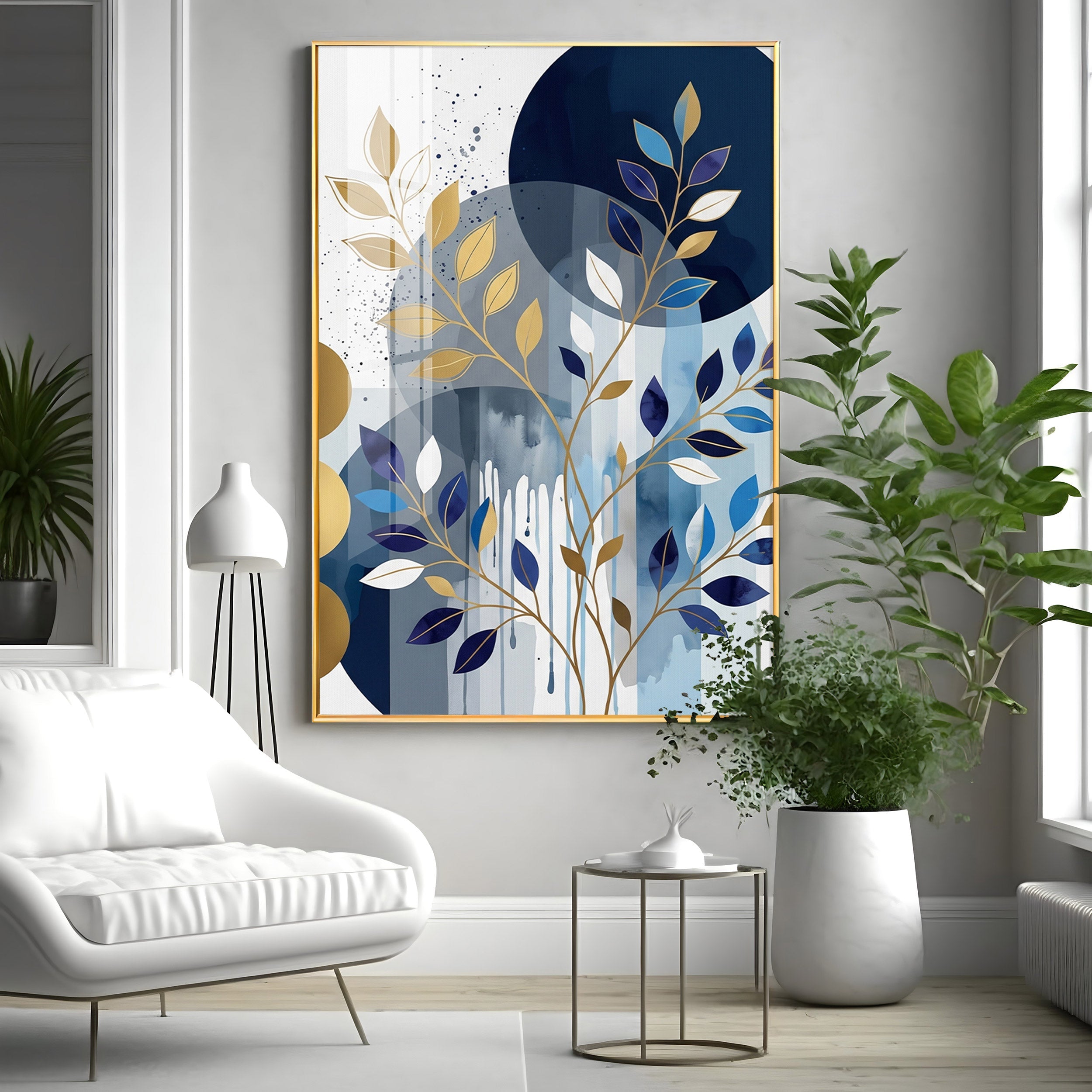Colourfull Leaves Against Blue & Gold Circles Premium Acrylic Vertical Wall Art