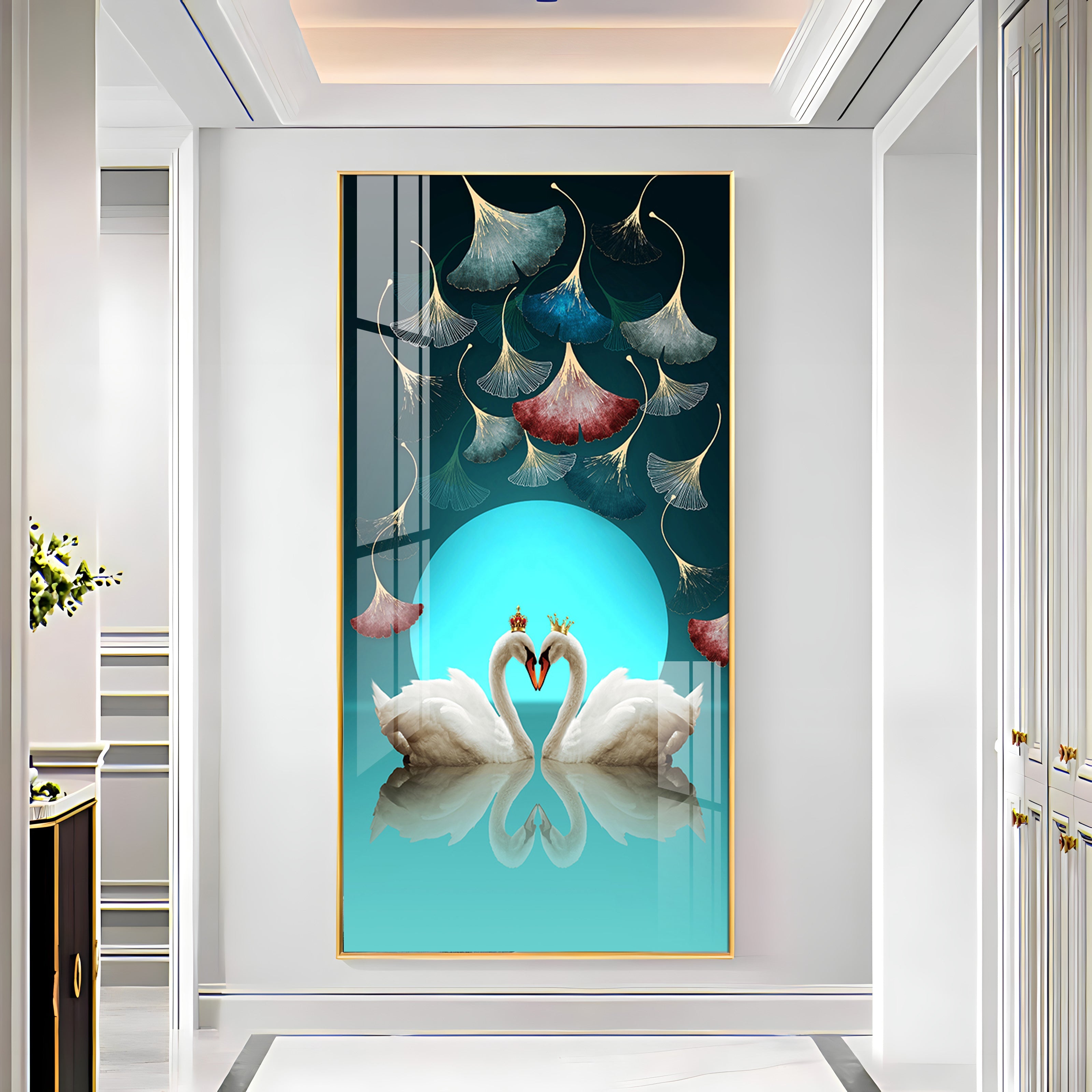 Couple Swan With Ginkgo Leaves Premium Acrylic Vertical Wall Art