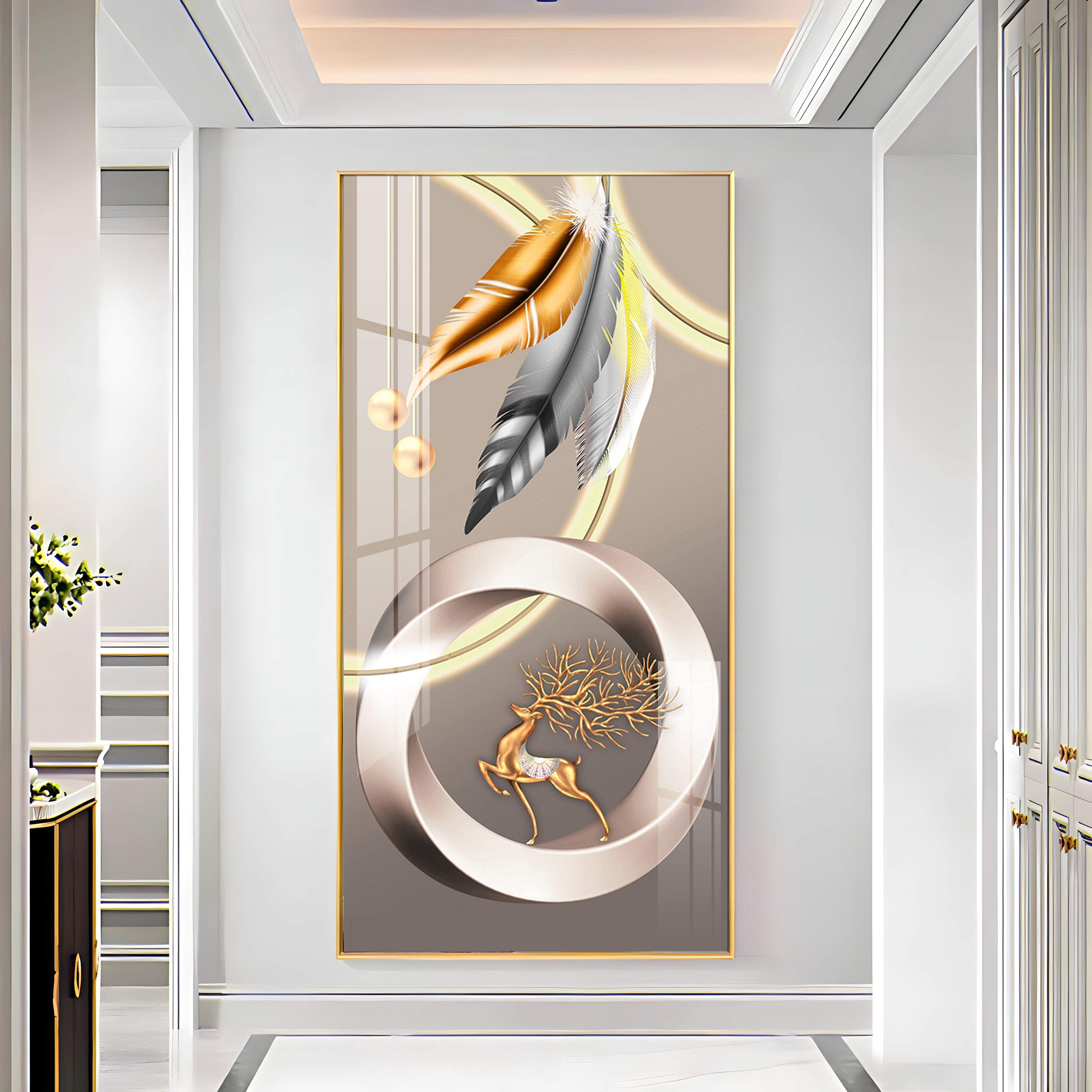 Deer With Gold & Silver Feather Premium Acrylic Vertical Wall Art