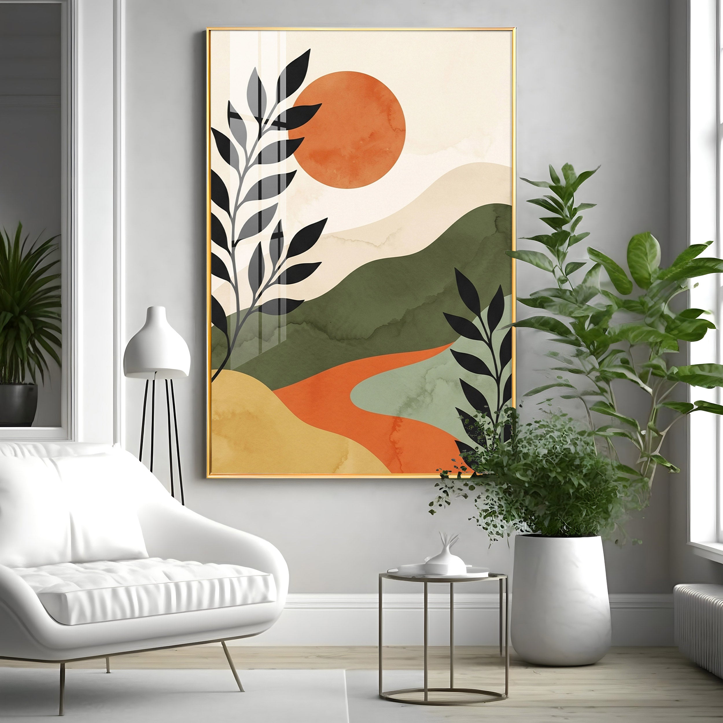 Earth-Toned Mountains & Red Moon Premium Acrylic Vertical Wall Art