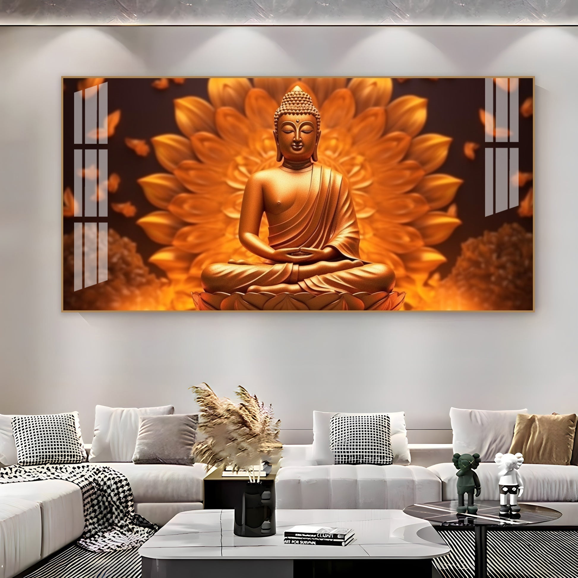 Elegant Buddha Acrylic Wall Art With Golden Lotus And Spiritual Meditation Design