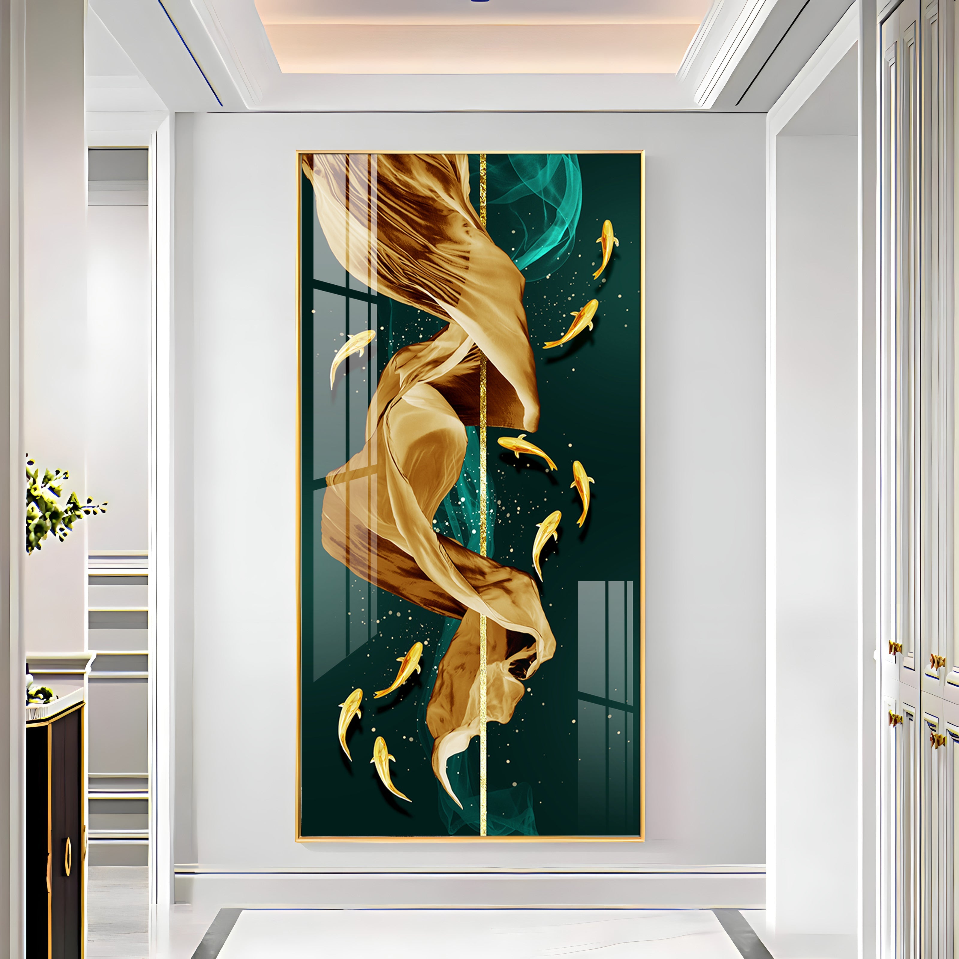 Fish & Flowing Gold Layer Premium Acrylic Vertical Wall Art