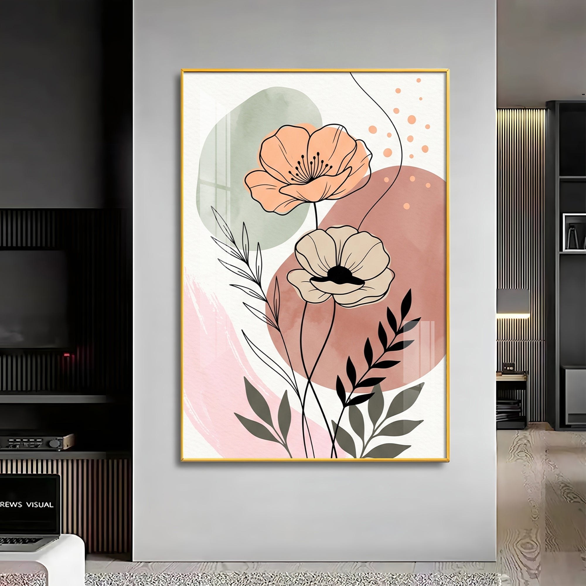 Floral Line & Geometric Shapes Premium Acrylic Vertical Wall Art