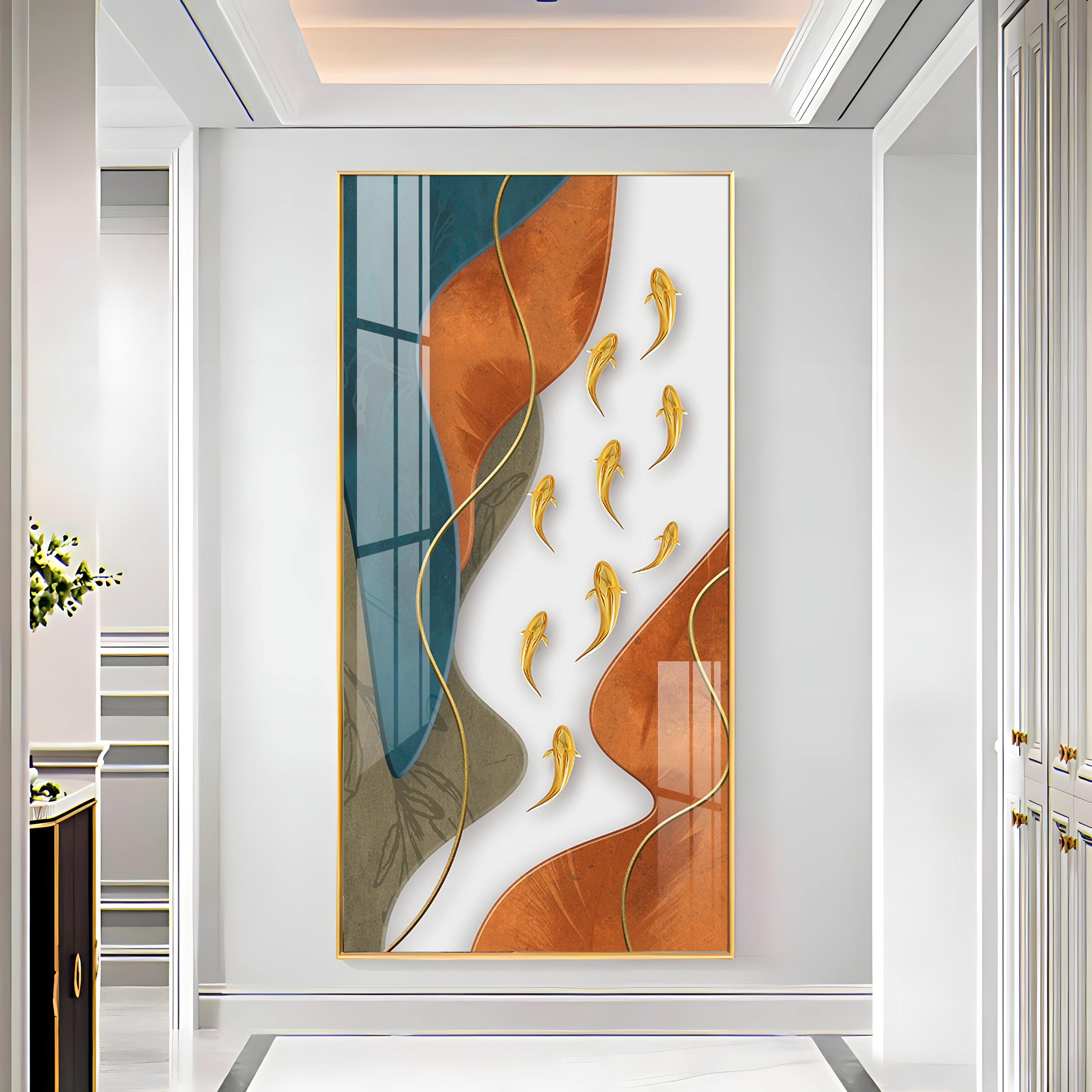 Gold Fish With Abstract Design Premium Acrylic Vertical Wall Art