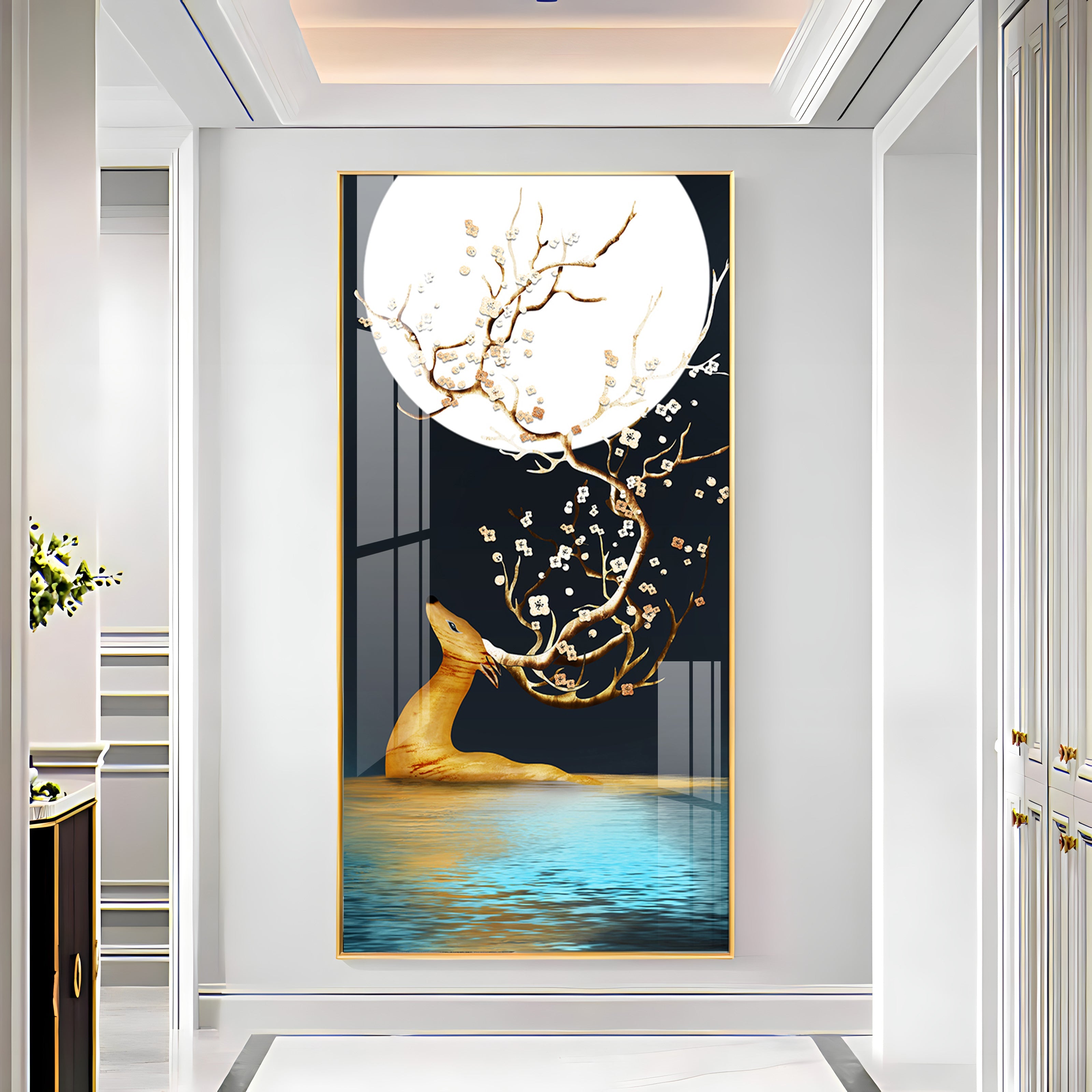 Golden Deer With Full Moon Premium Acrylic Vertical Wall Art