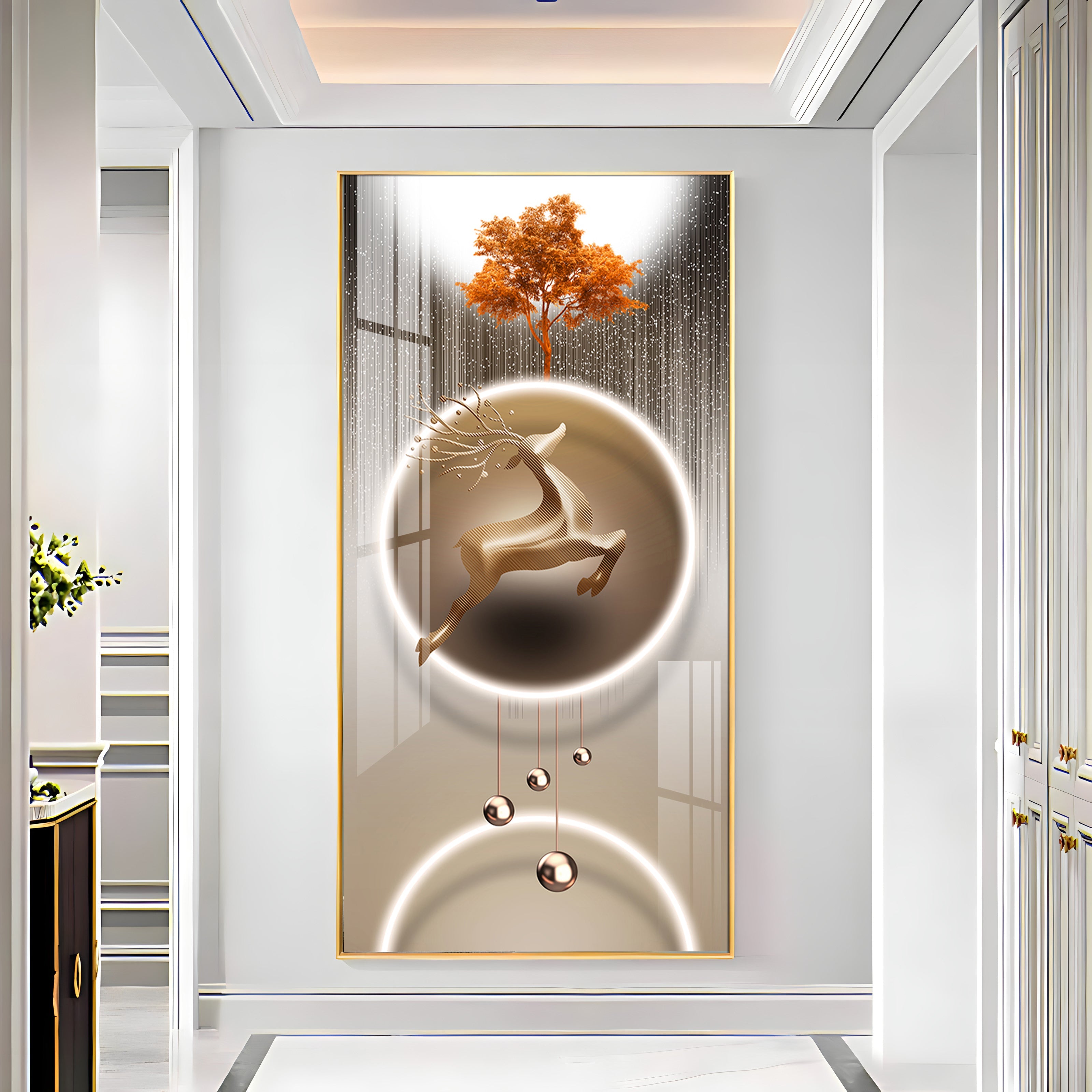 Golden Deer With Orange Tree Premium Acrylic Vertical Wall Art