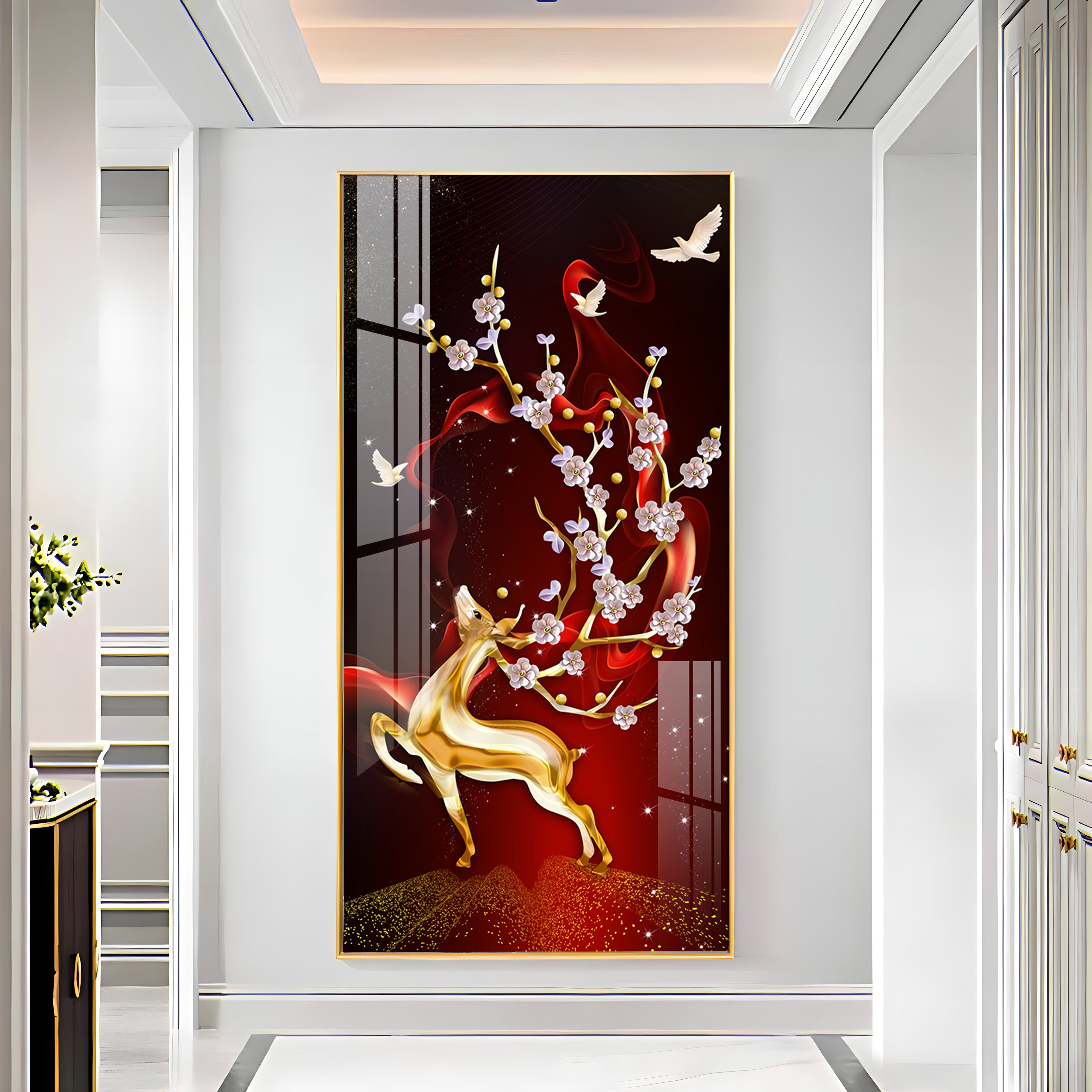 Golden Deer With Red Background Premium Acrylic Vertical Wall Art