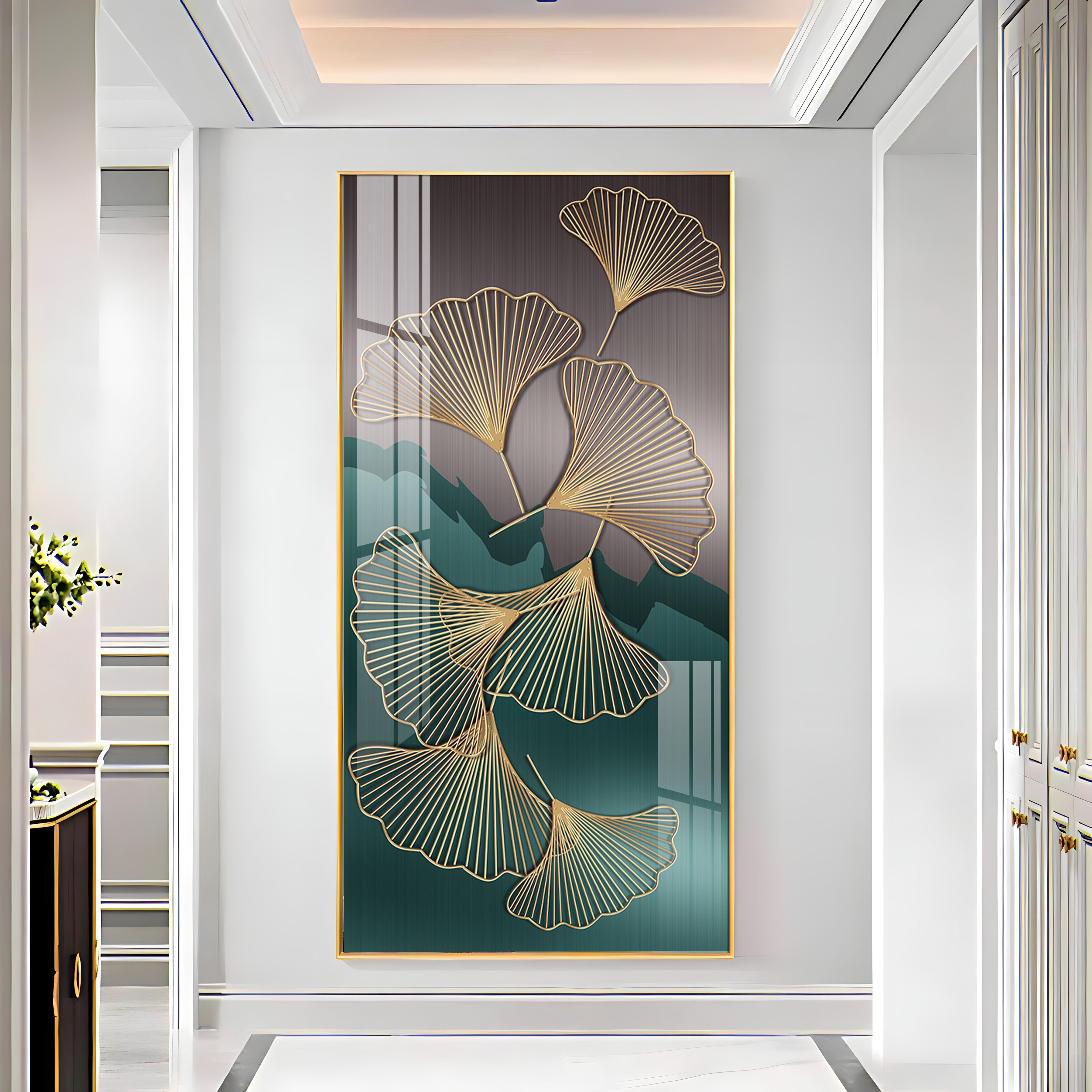 Golden Ginkgo Leaves With Dark green Premium Acrylic Vertical Wall Art