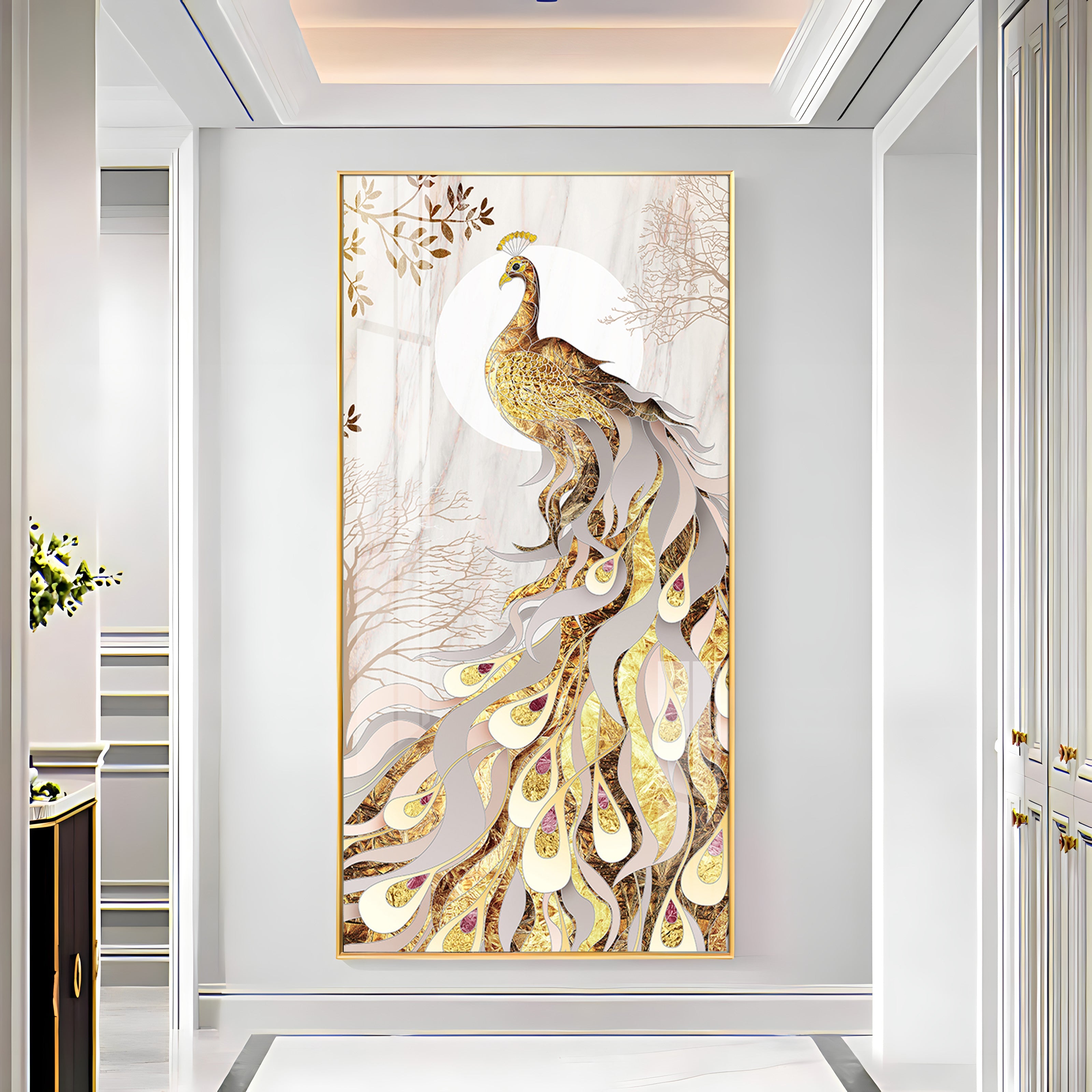 Golden Gradient Peacock Premium Acrylic Vertical Wall Art