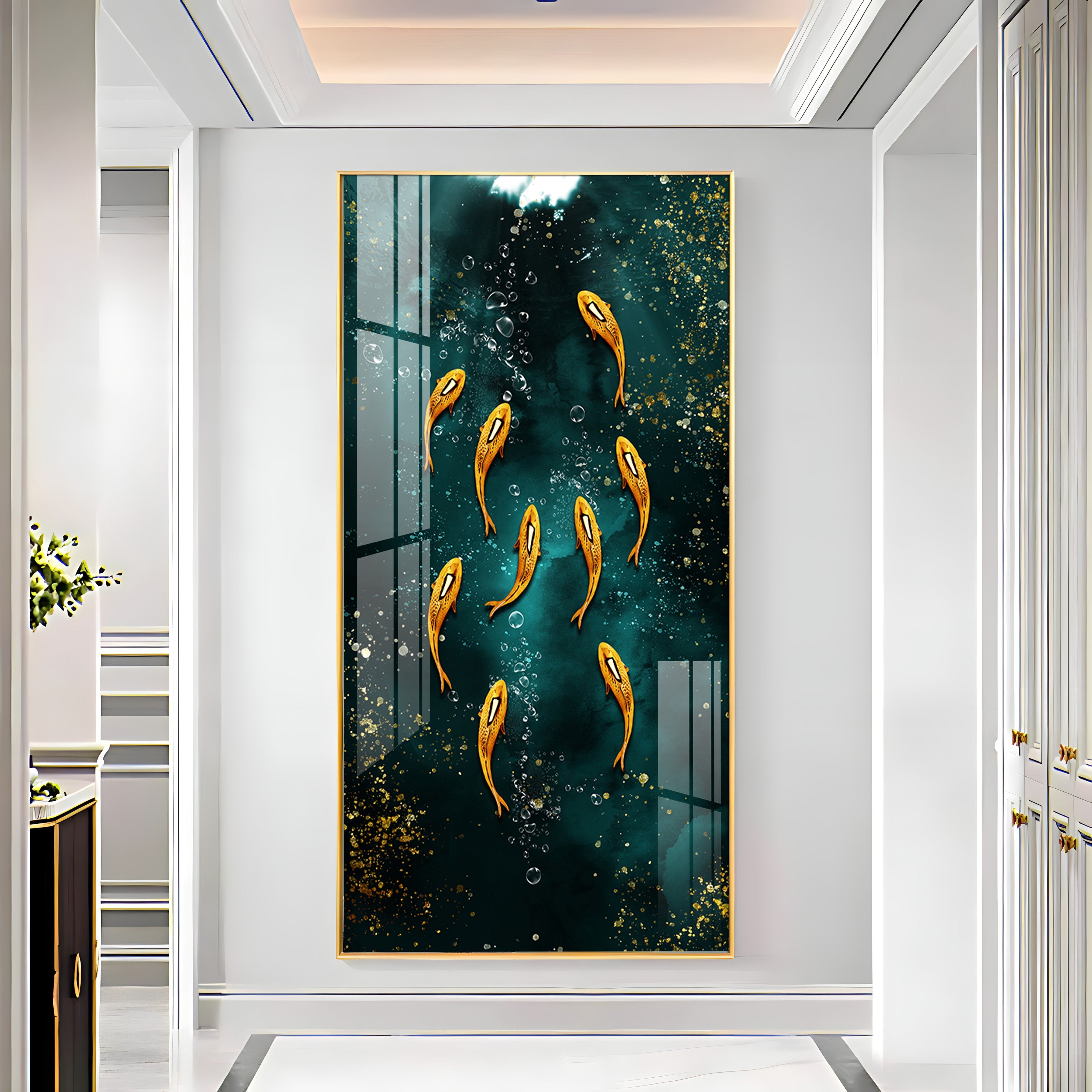 Golden Koi Fishes in Greenery Premium Acrylic Vertical Wall Art