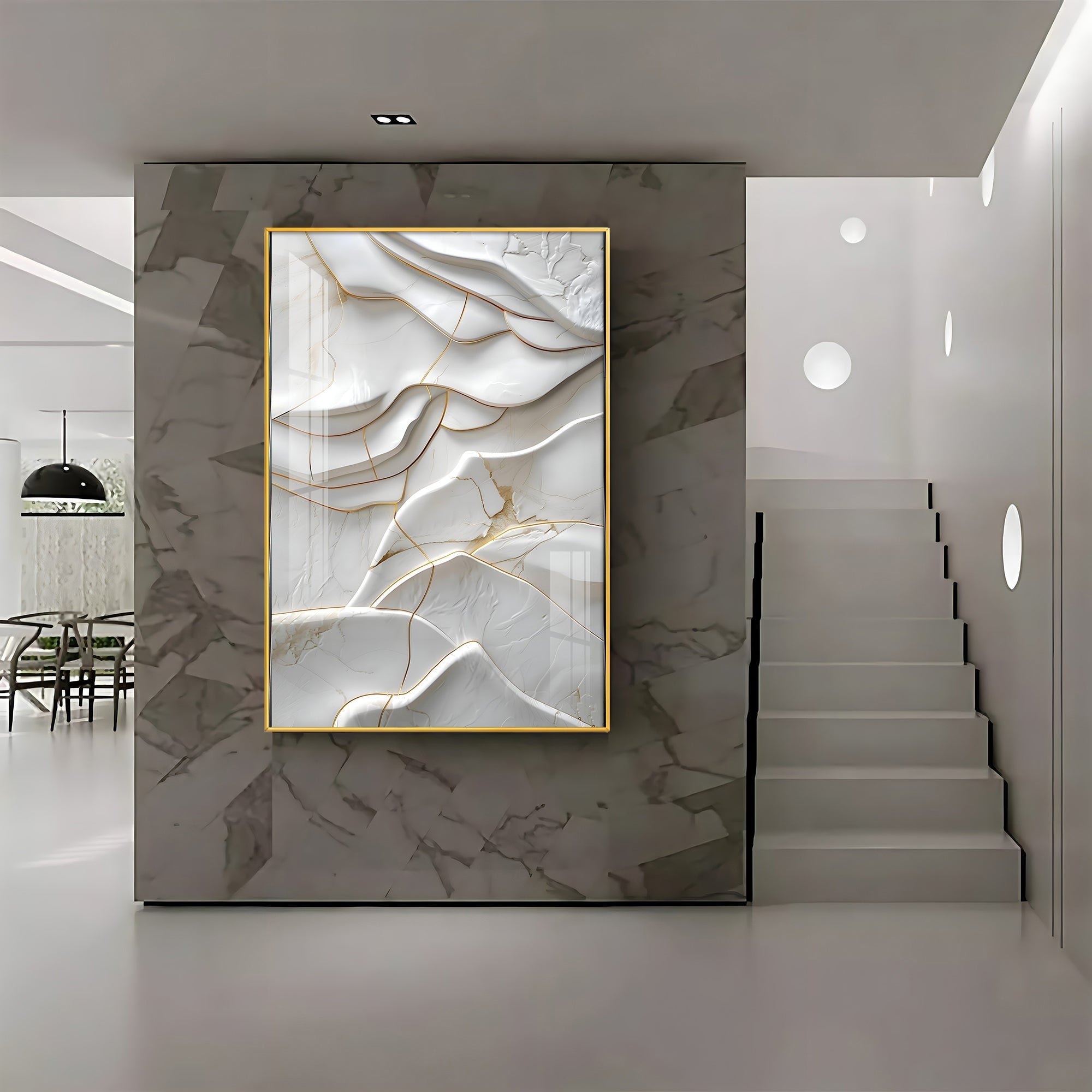 Golden Threaded White Surface Premium Acrylic Vertical Wall Art