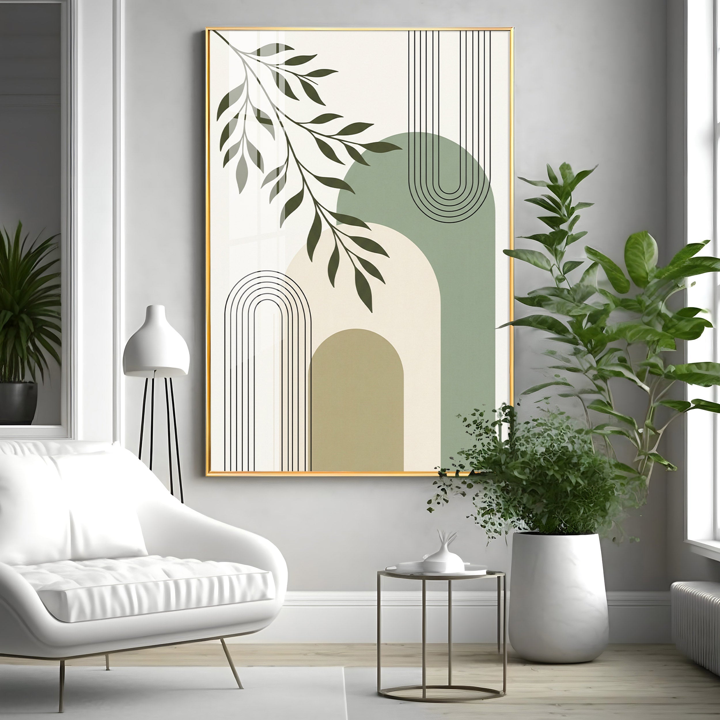 Green Leaf Against Geomatric Shape Premium Acrylic Vertical Wall Art