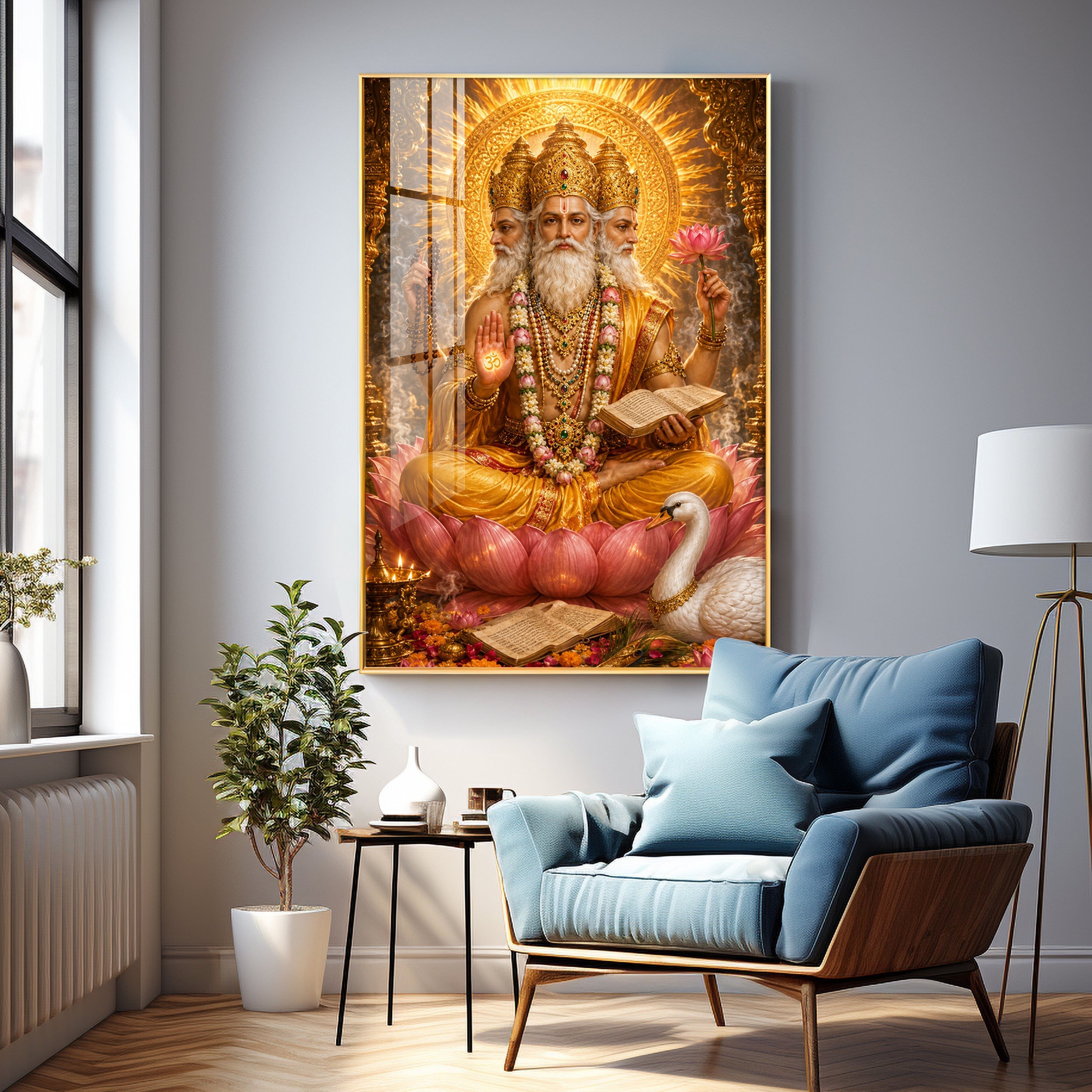 Lord Brahma With Vedas Premium Acrylic Vertical Wall Art