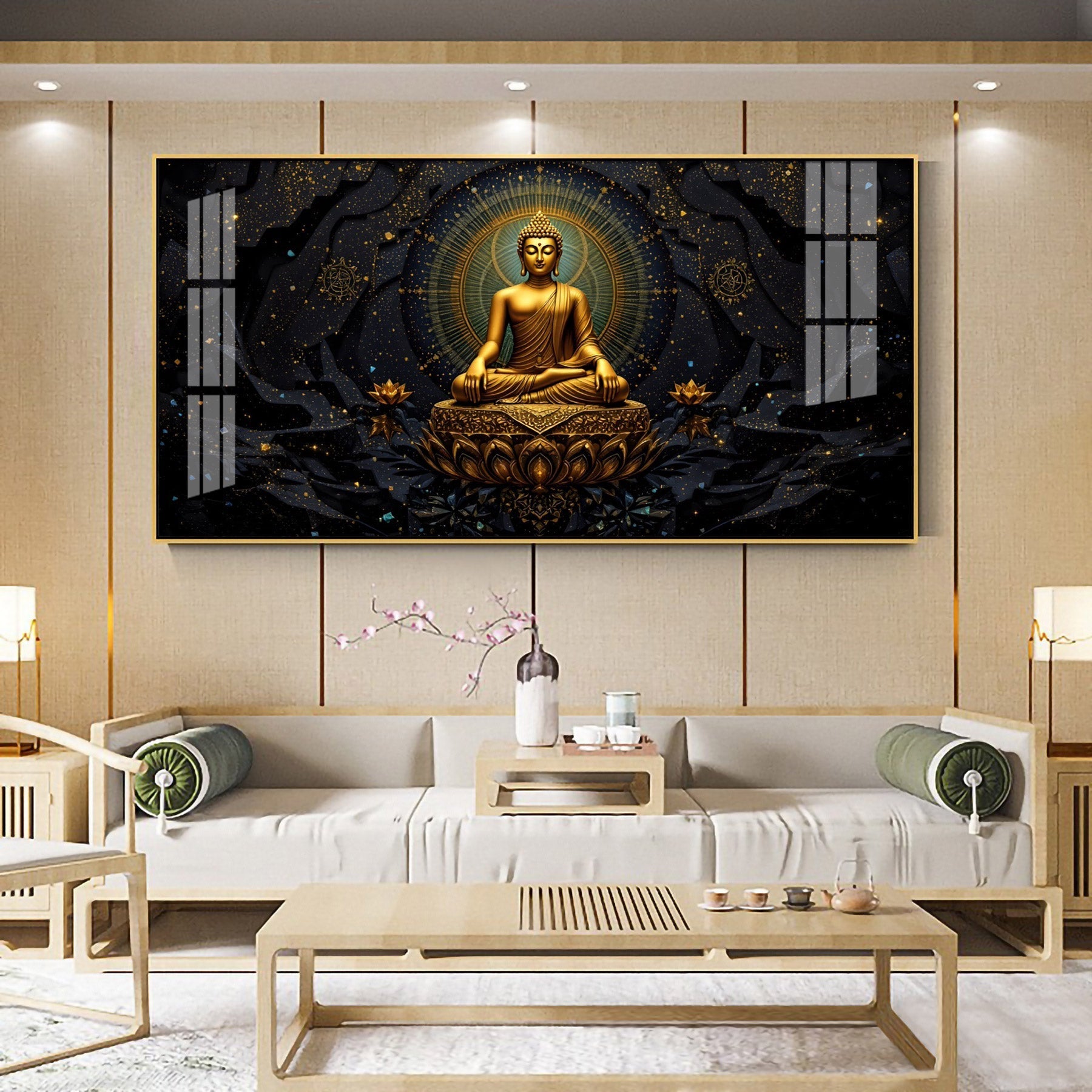 Luxury Golden Buddha Meditation Dark Theme acrylic wall painting