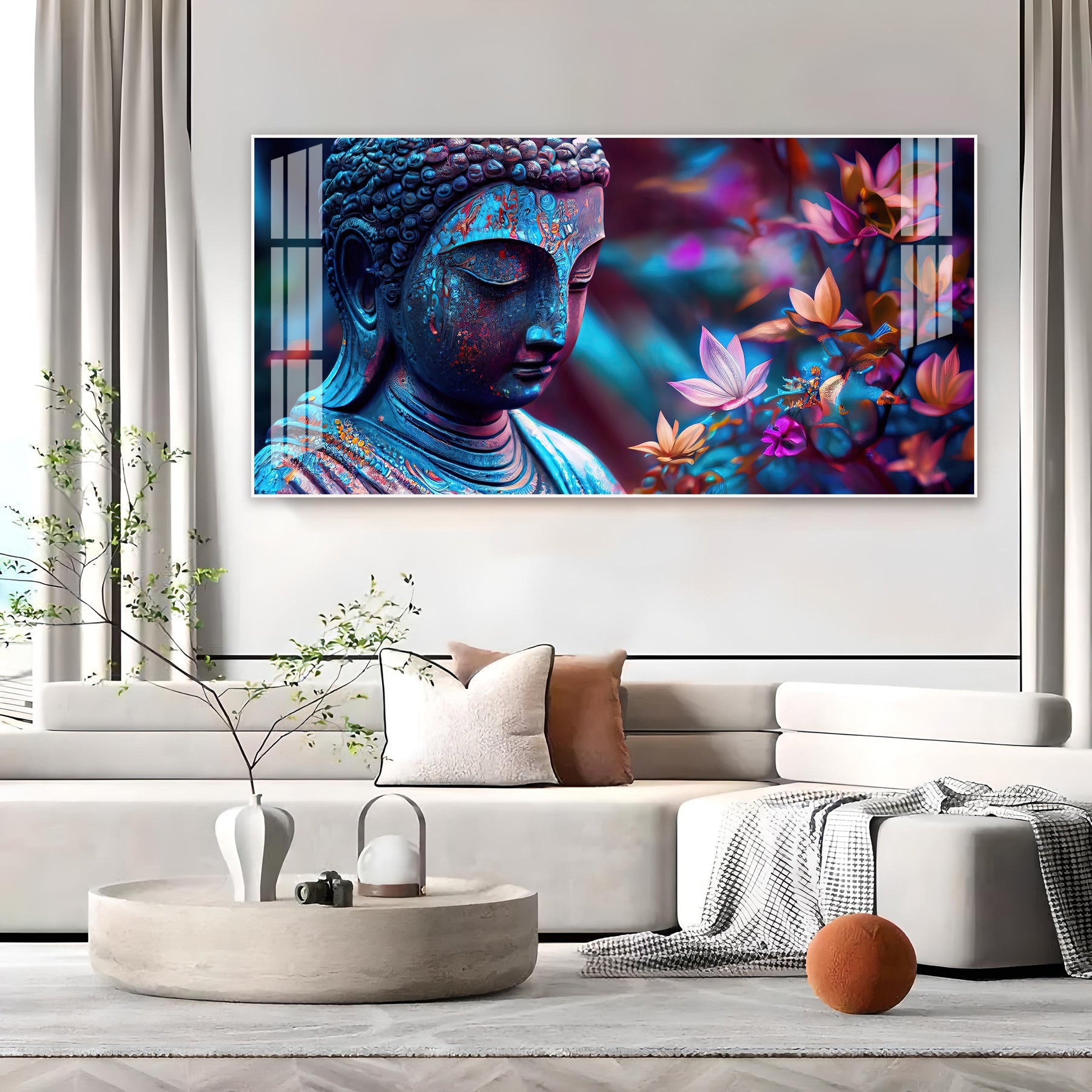 Modern Buddha Acrylic Wall Art With Colorful Flowers And Abstract Art Style