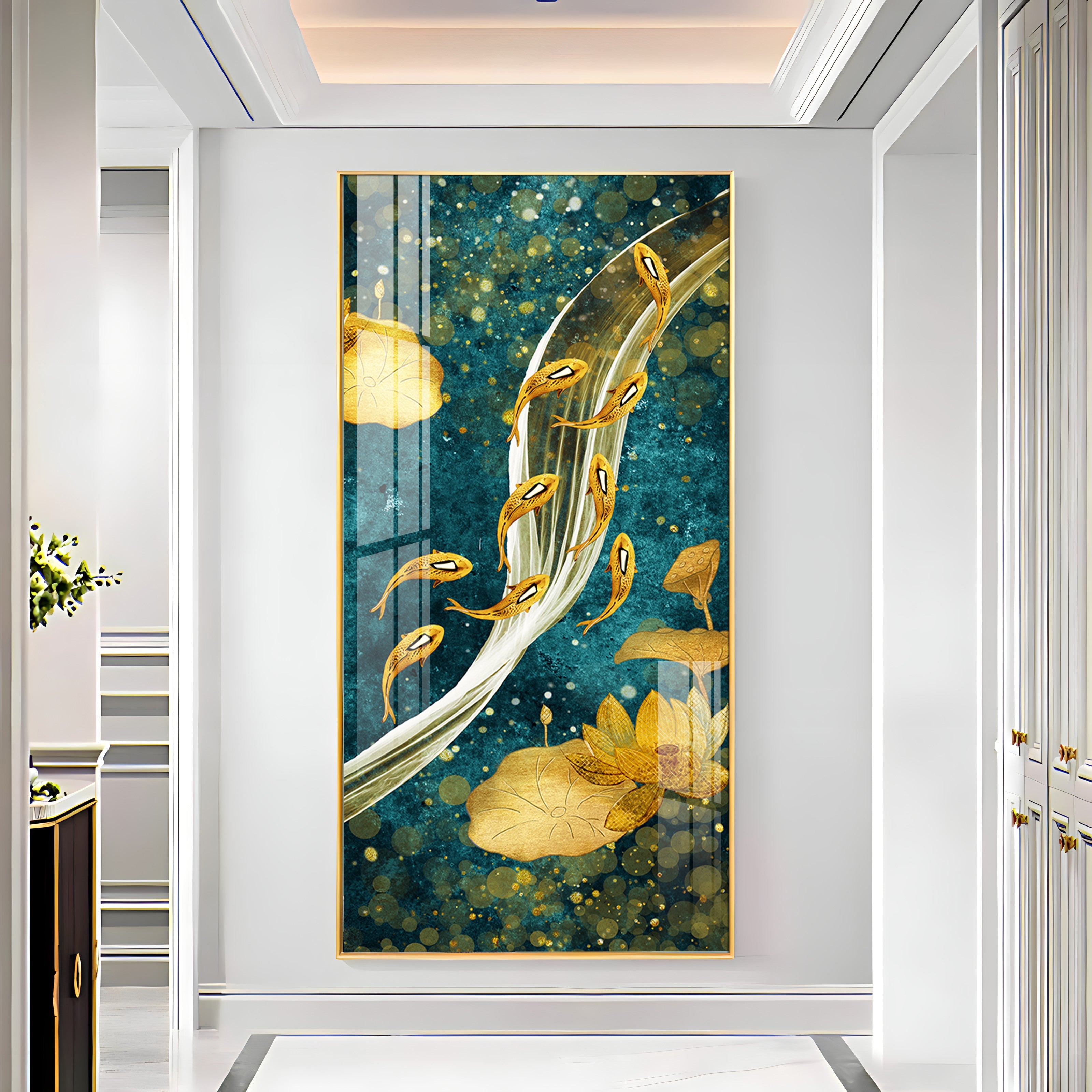 Modern Golden Koi Fish & Lotus Premium Acrylic Vertical Wall Art