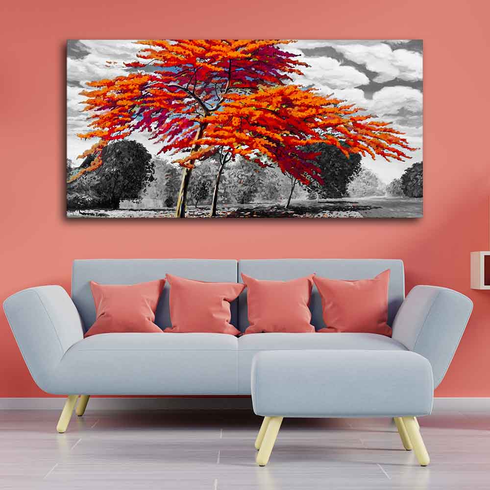 Orange Color Peacock Flowers Tree Premium Wall Painting - 3