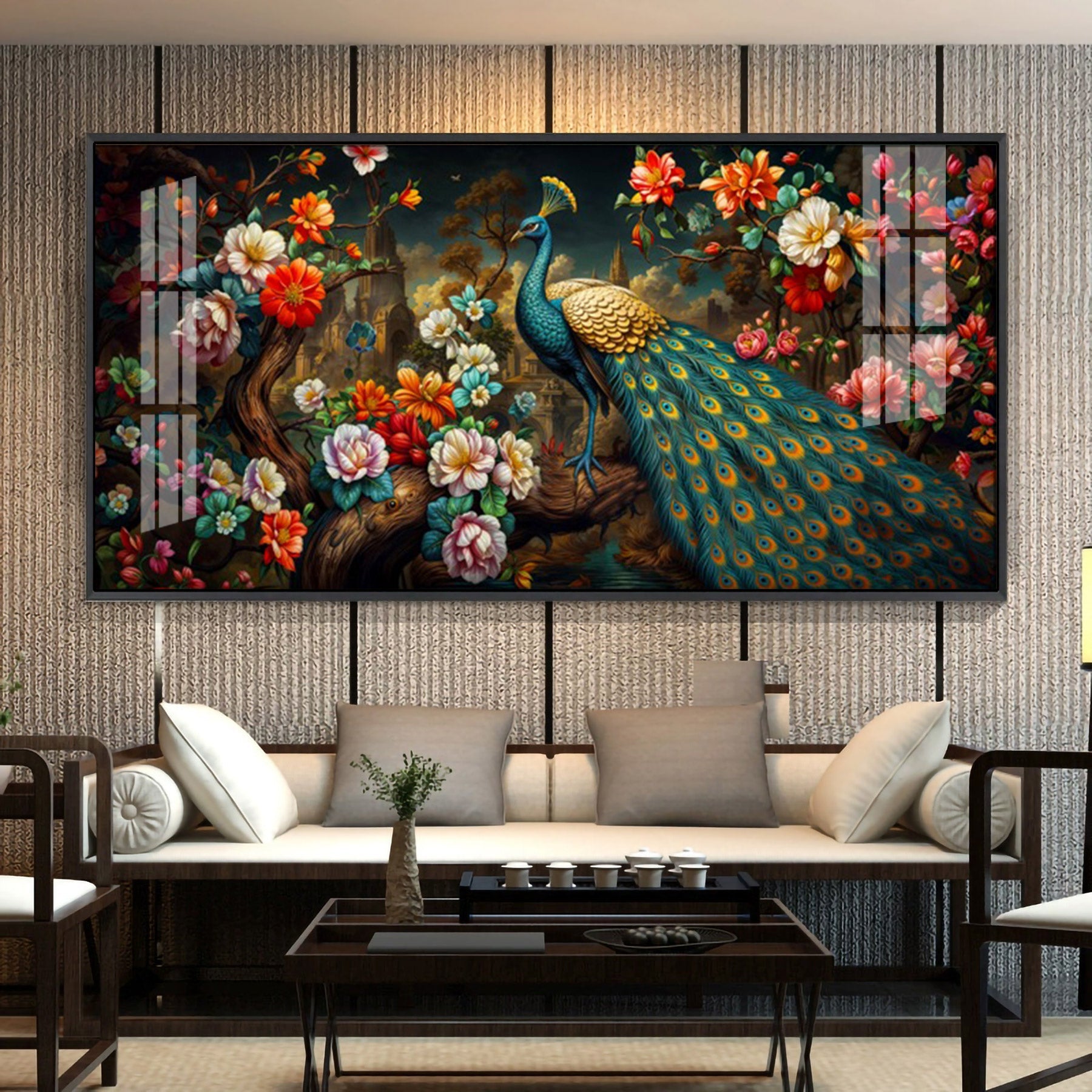 Peacock In Colorful Blossom Glass Finish Horizontal Wall Art - 10