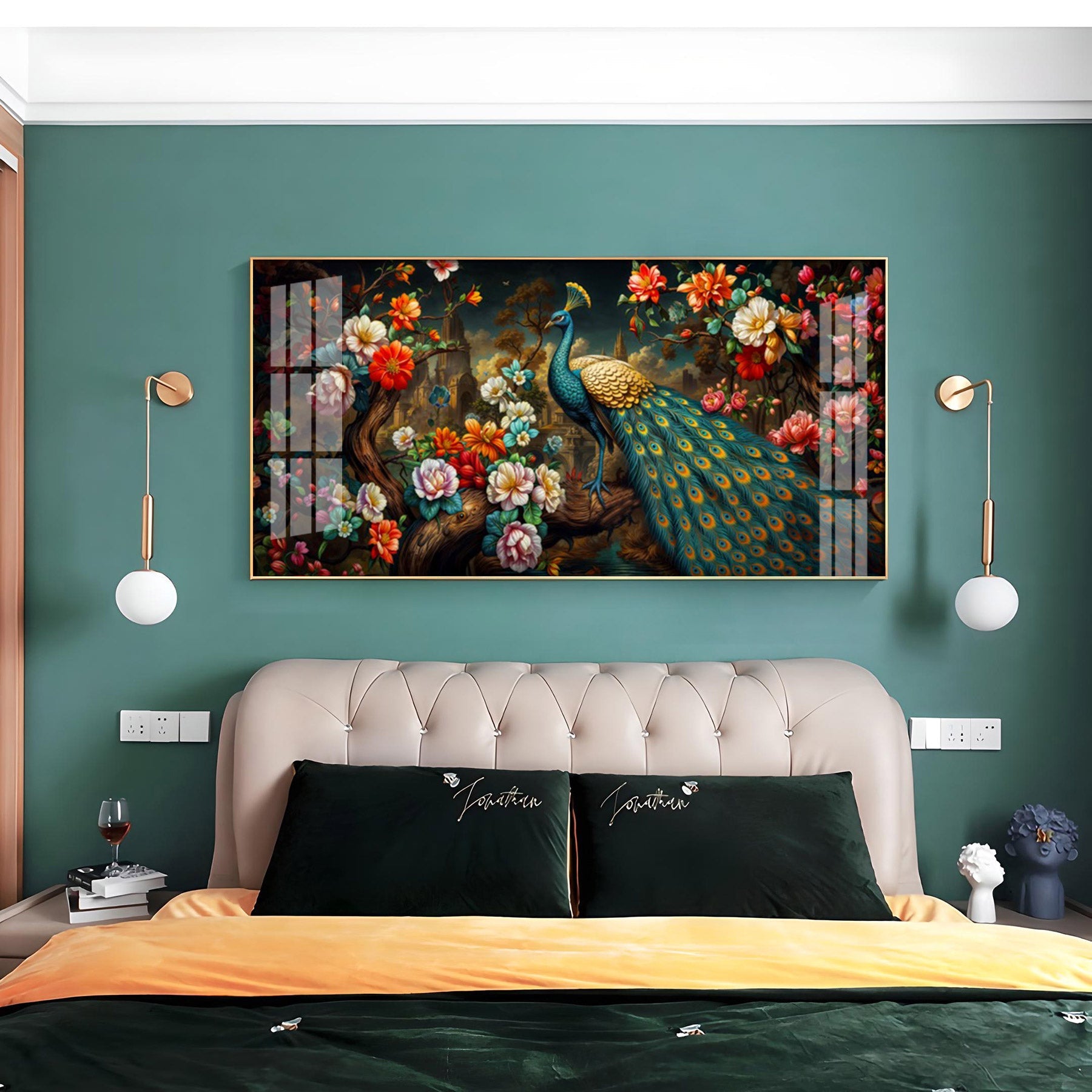 Peacock In Colorful Blossom Glass Finish Horizontal Wall Art - 3