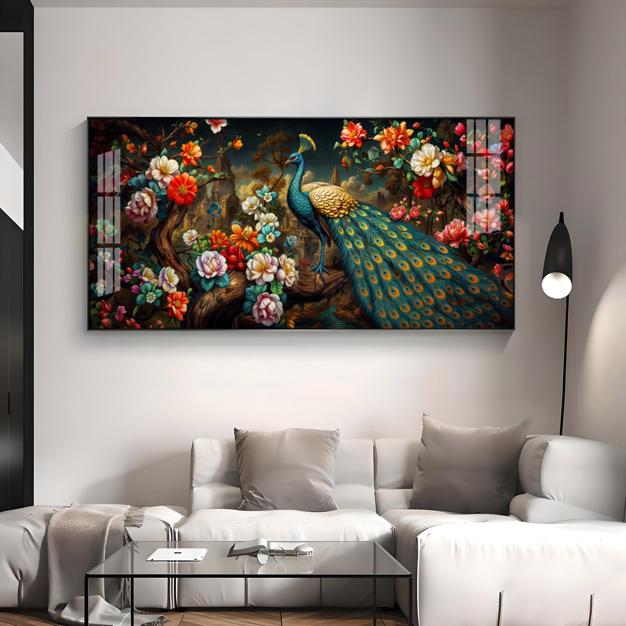 Peacock In Colorful Blossom Glass Finish Horizontal Wall Art - 6