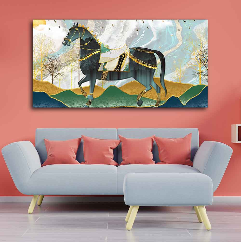 Premium Wall Painting of Horse and Golden trees with Colored Mountains - 2