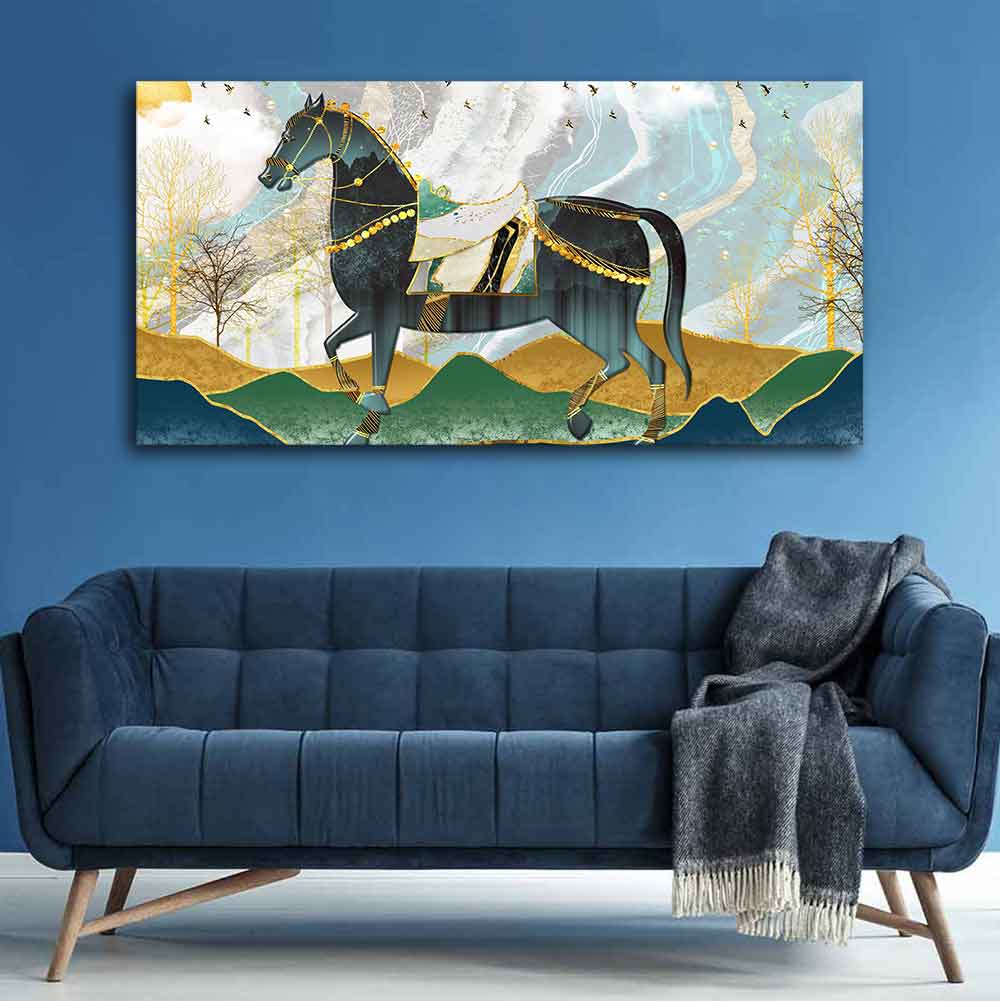 Premium Wall Painting of Horse and Golden trees with Colored Mountains - 3