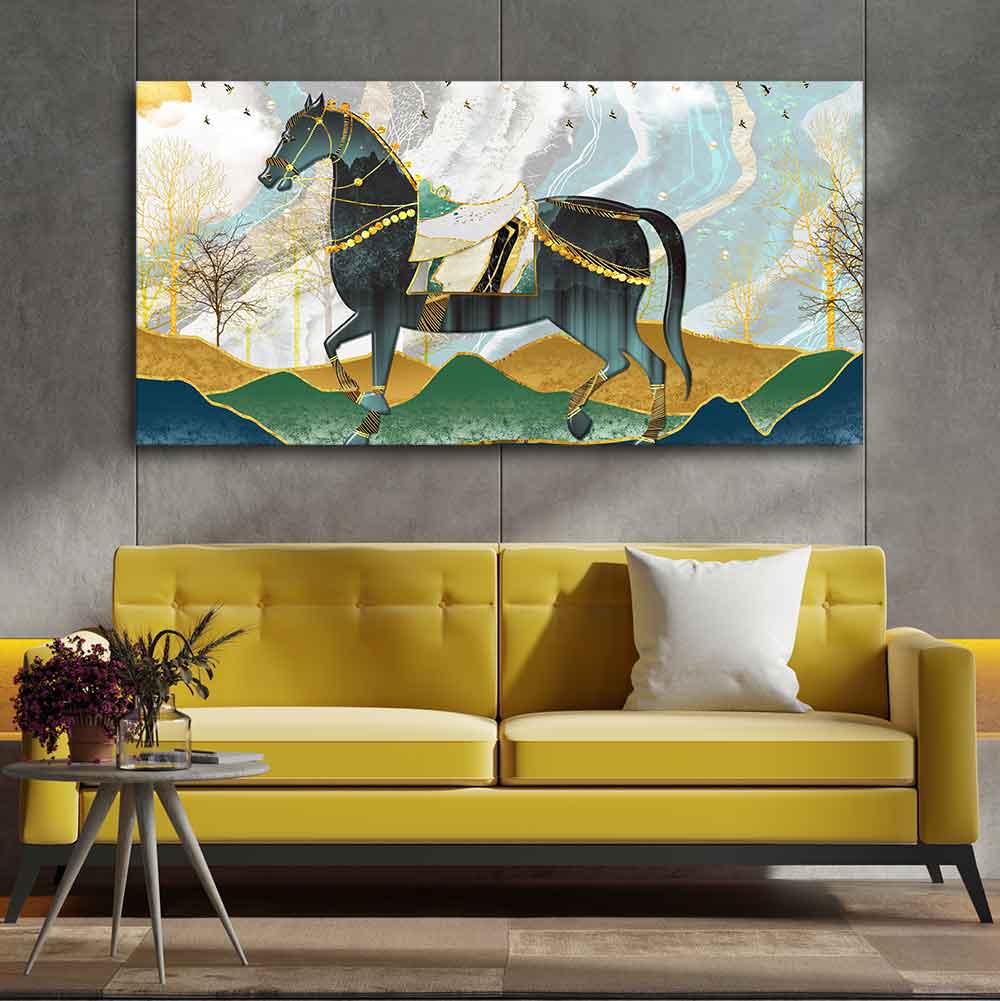 Premium Wall Painting of Horse and Golden trees with Colored Mountains - 4