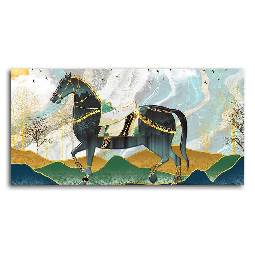 Premium Wall Painting of Horse and Golden trees with Colored Mountains - 5