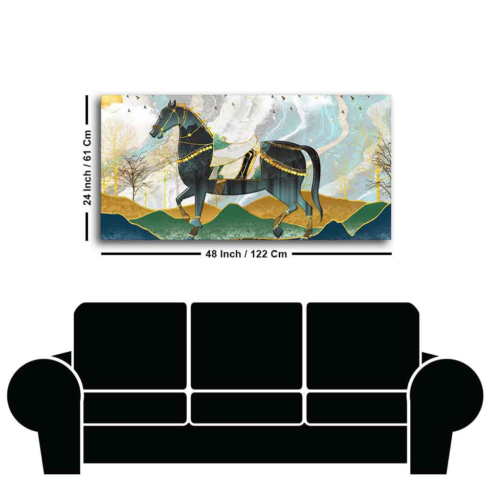 Premium Wall Painting of Horse and Golden trees with Colored Mountains - 7