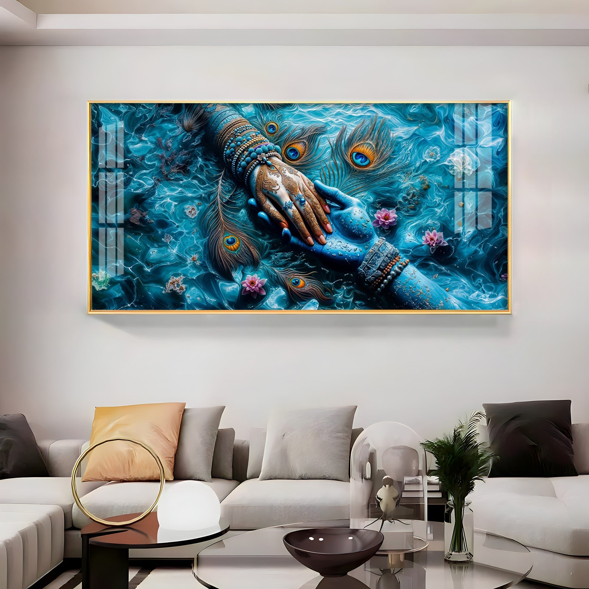 Radha Krishna Divine Hands Acrylic Wall Art with Peacock Feathers and Lotus