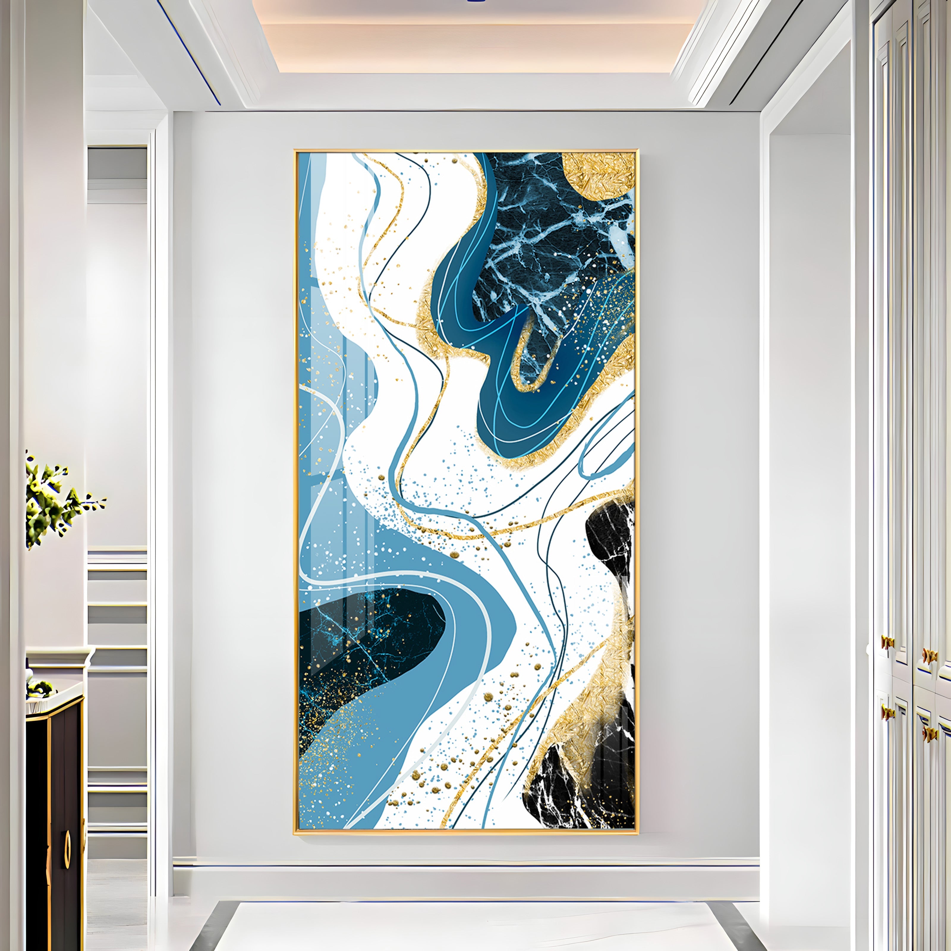 Stylized Fans In Gold & Blue Tones Premium Acrylic Vertical Wall Art