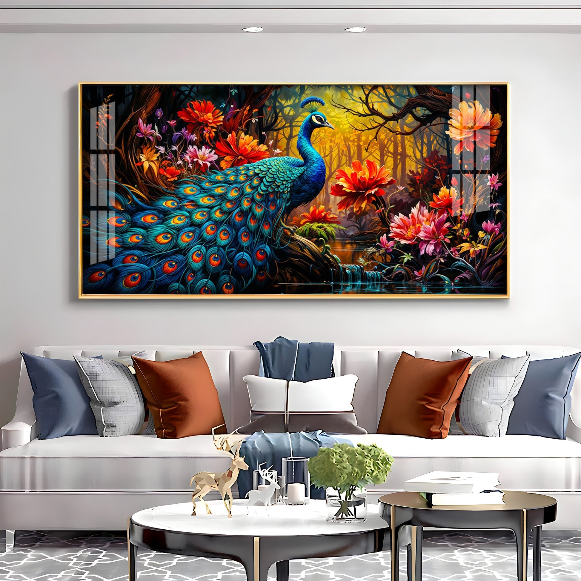 Surreal Peacock With Red Blossom Premium Acrylic Horizontal Wall Art