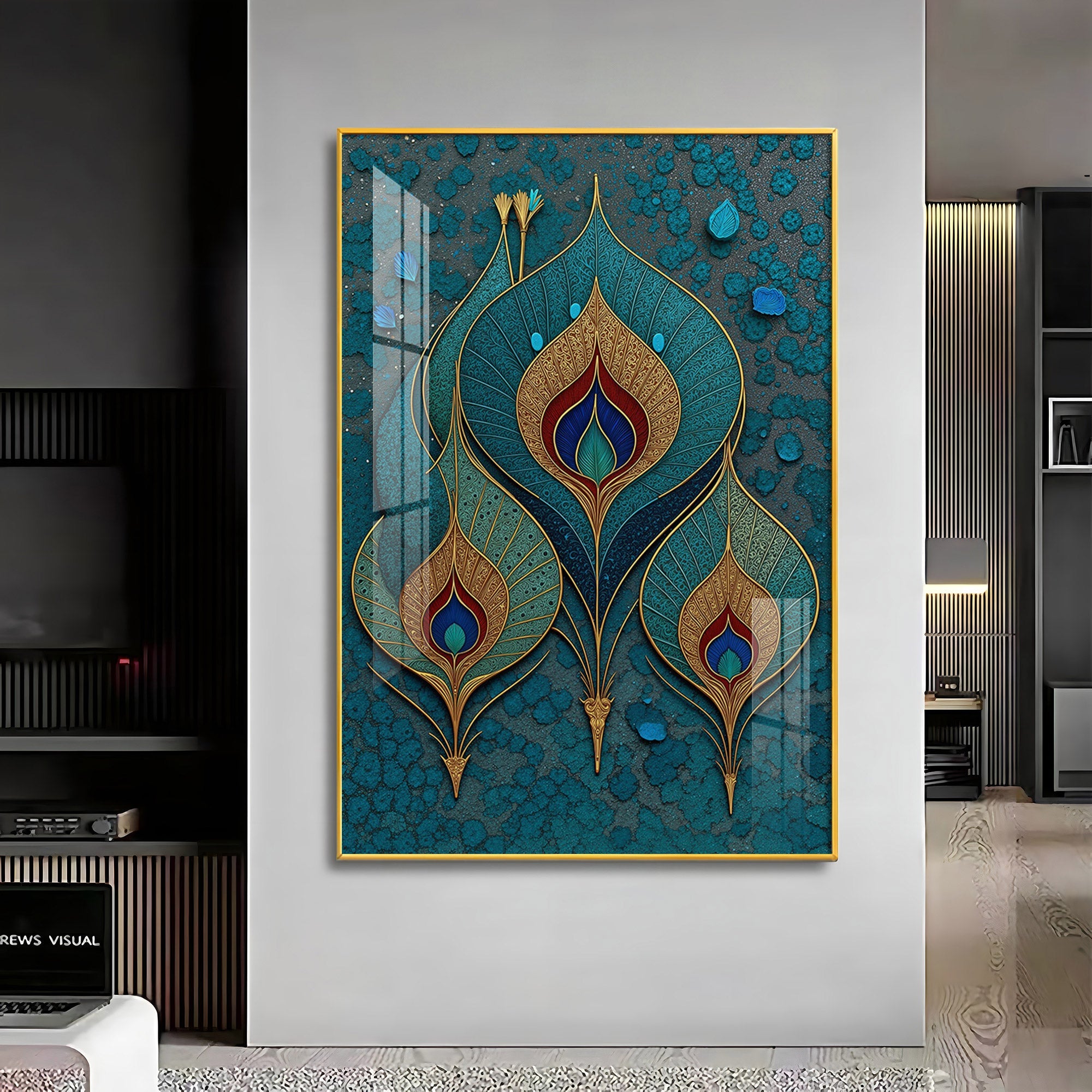 Three Ornate Peacock Feather Premium Acrylic Vertical Wall Art