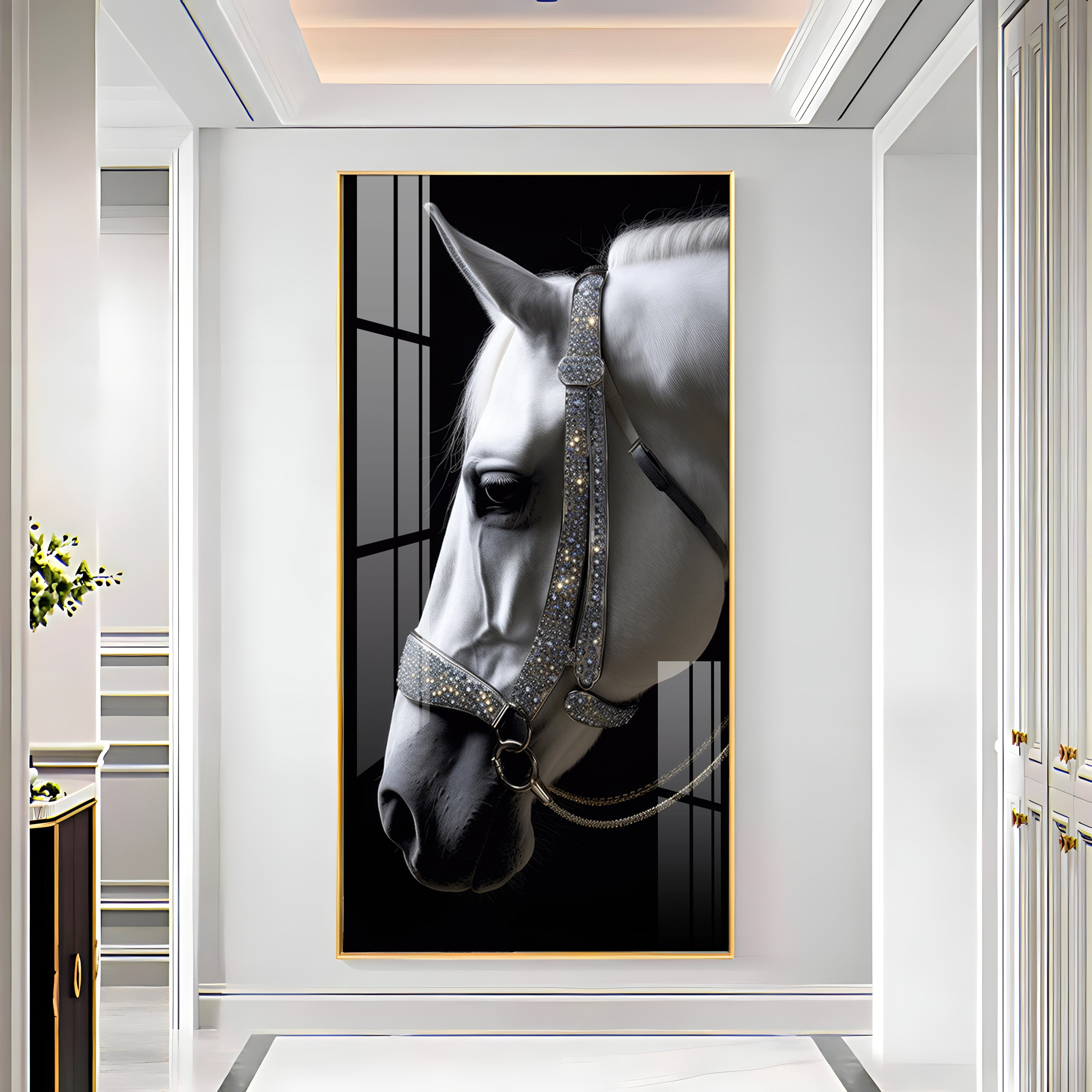 White Horse With Black Background Premium Acrylic Vertical Wall Art