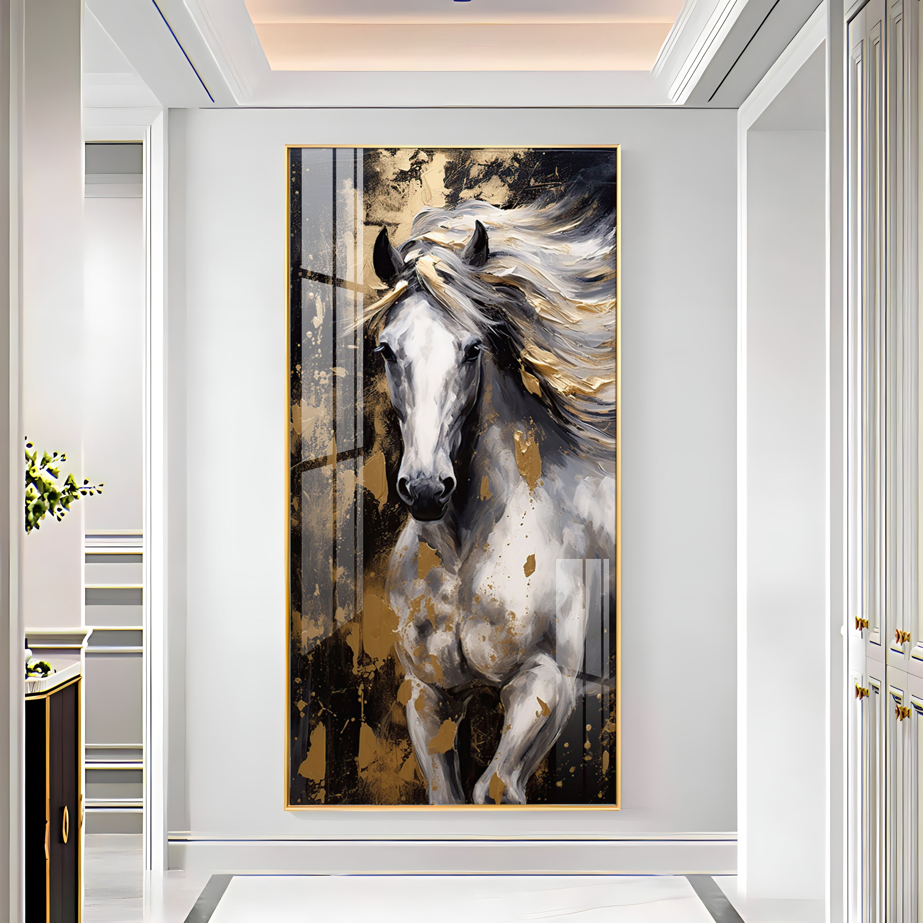 White Horse with Golden Gleam Premium Acrylic Vertical Wall Art