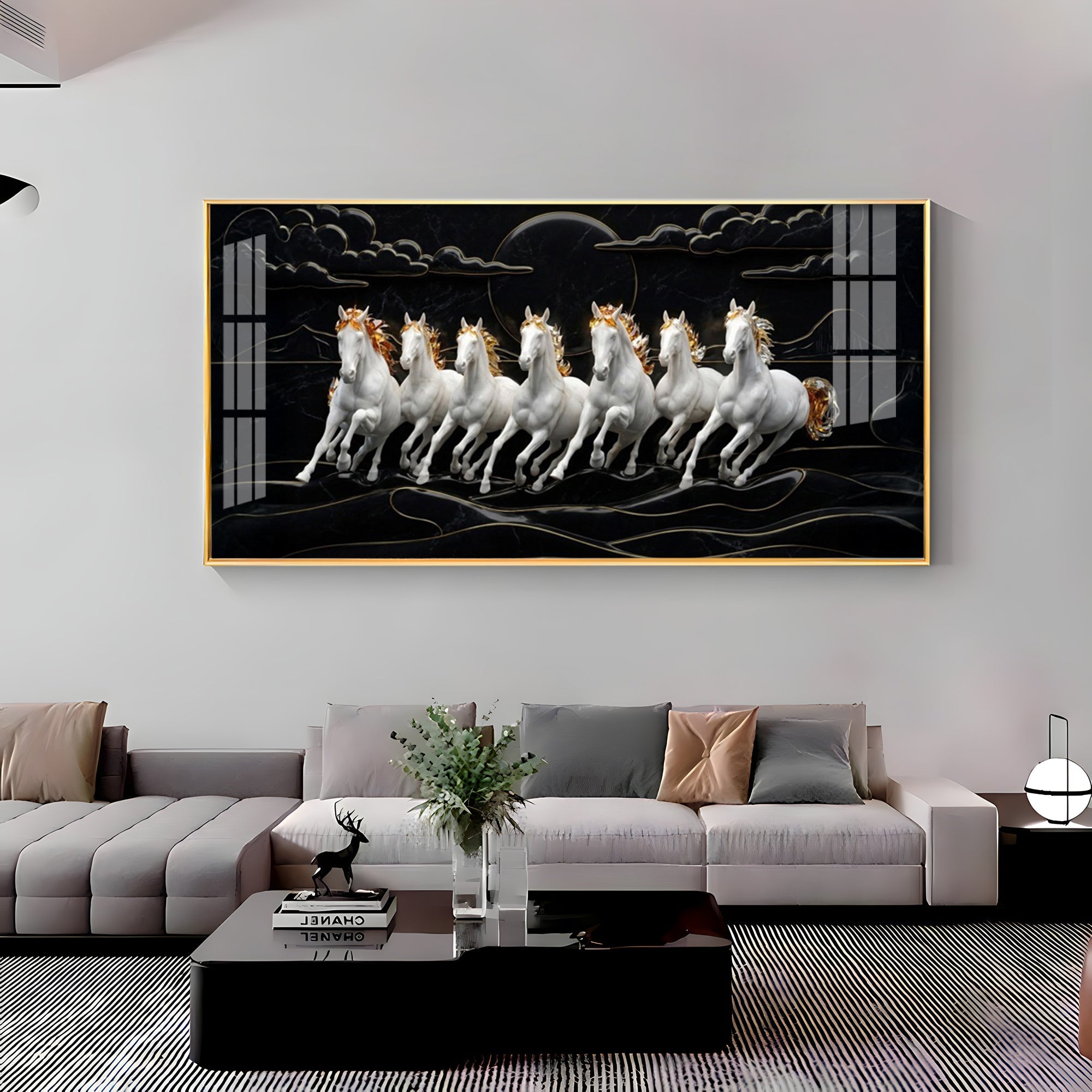 White Seven Horses in the Dark Premium Acrylic Horizontal Wall Art